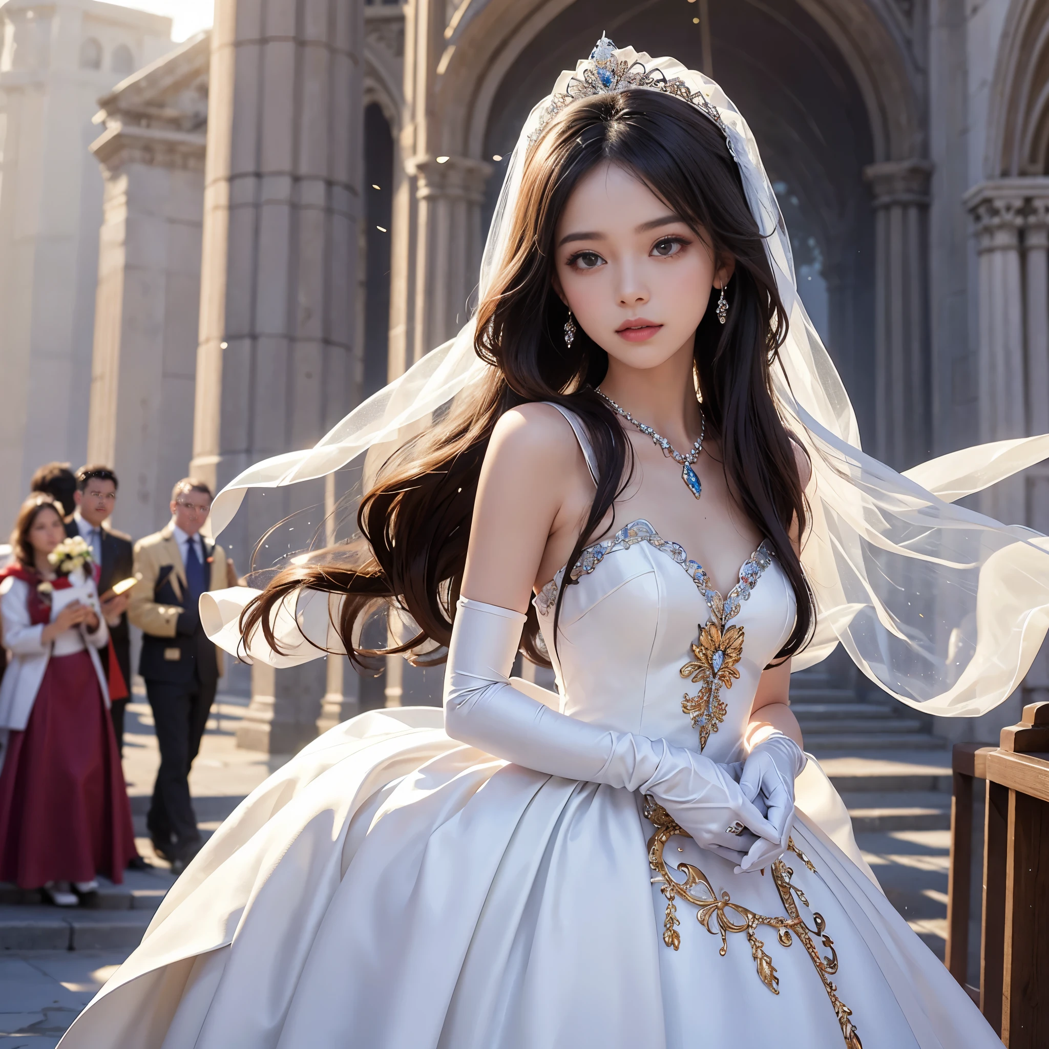best quality, masterpiece, 1 girl, yak, cute teen, shiny lips, sweet, sun glare, Conservative attire, white gloves, Bead material bell-line wedding dress, Bridal tiara, depth of field, blurred background, Cathedral Background, light particles, strong wind, long hair, head tilt