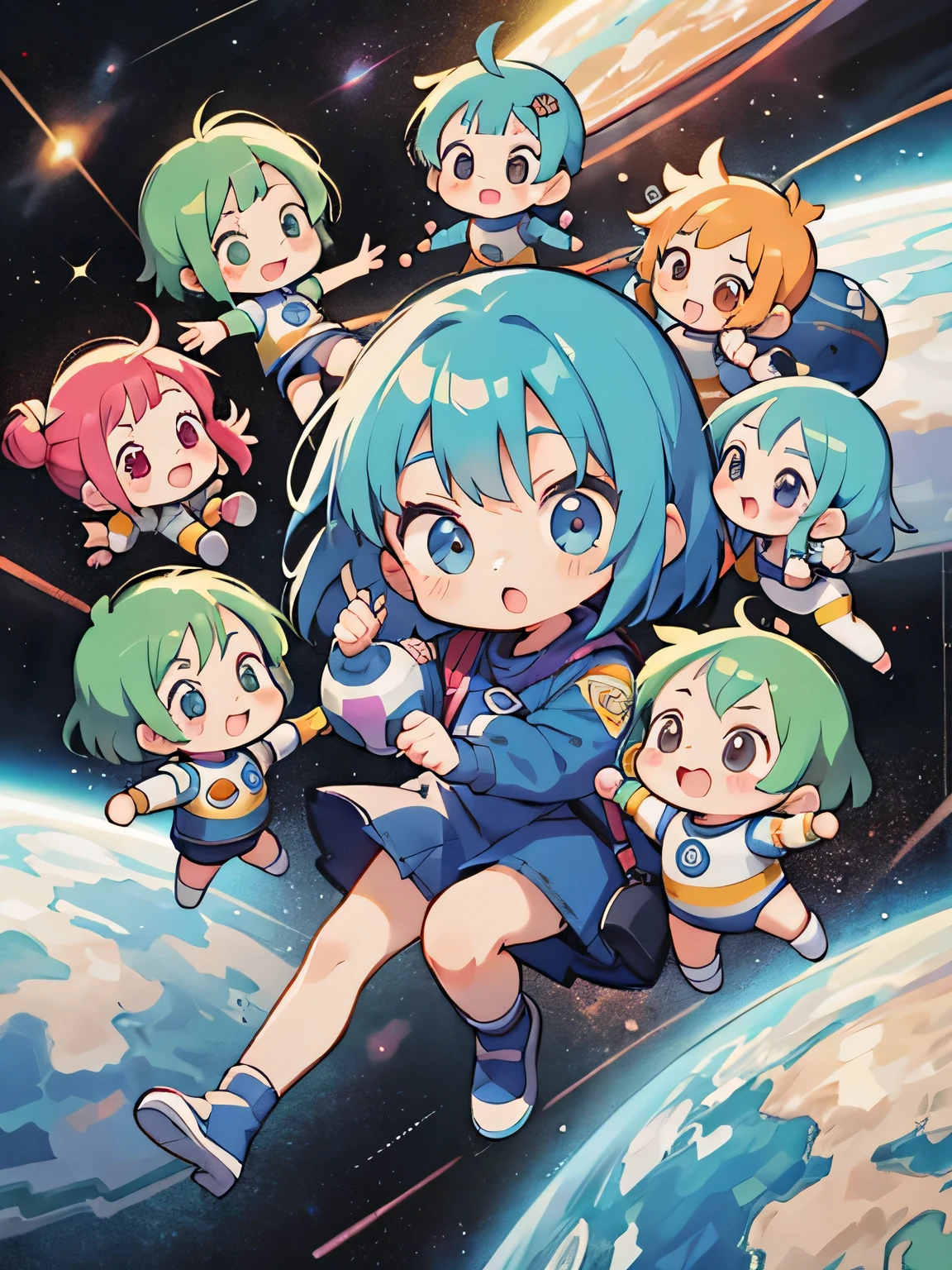 Akira Toriyama style, Kawaii Design, (((10 people)))、most beautiful girl ever、Chibi, Colorful bob hair、((Lots of friends))、Space travel together