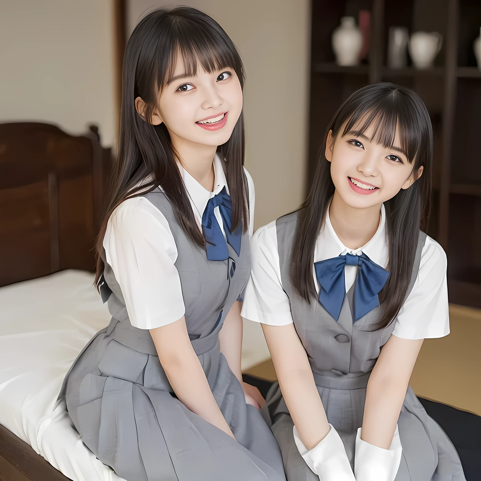 (highest quality、masterpiece:1.2)、highest quality、Realistic、photograph、High resolution、1080p、8K、Fair skin, especially face, Physical Rendering、((Height: 155cm)), one Japanese girl、((((((15 year old beautiful Japanese fashion model)))))), school summer uniform, (((Beautiful girl in the back room))), (((big very detailed beautiful dark brown eyes))), ((((impressive plain blue girly large school ribbon bow tie)))), ((((black very beautiful and very very long braids)))), ((((cute gray box-pleated skirt)))), ((A gray school vest)), ((ivory blouse with puffed short sleeves)), (((((((laughing at me!))))))), Mouth open, detailed fingers, ((curled bangs)), ((Very large and very very very cute eyes of a Japanese girl, drawn with great care and attention to detail.)), double eyelids, Thin eyebrows, ((drooping eyes)), (((very long eyelashes))), ((cute lovely lovely laughing laughing cheeks)), ((Pure white light hits her face from above and in the front, making her skin and eyes shine beautifully.)), ((Strong light hits the nose and cheeks、It brings out the richness of the expression.)), (((((Her facial features are very expressive lovely smile, very very pure, very very intelligent.))))), ((sitting with knees up on the bed)), (((barefoot))), ((Shooting from the side to the toes))