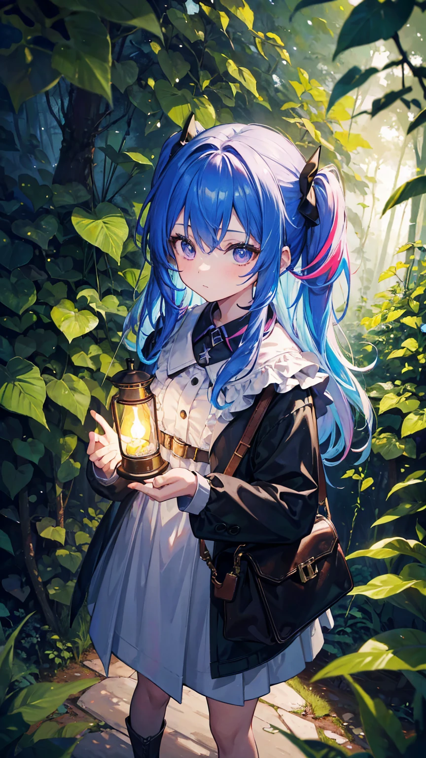 (Continuation) (masterpiece, best quality), (colorful:1.4), from above, solo, 1girl standing in a dark forest with a lantern and a bag of magical keys, depth of field, fisheye lens