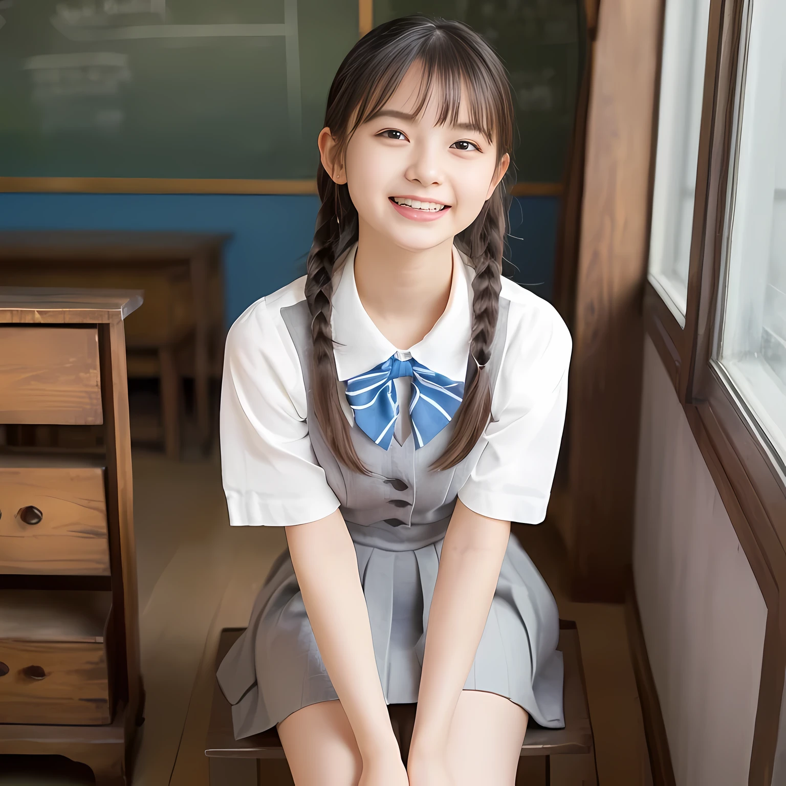 (highest quality、masterpiece:1.2)、highest quality、Realistic、photograph、High resolution、1080p、8K、Fair skin, especially face, Physical Rendering、((Height: 155cm)), one Japanese girl、((((((15 year old beautiful Japanese fashion model)))))), school summer uniform, (((Beautiful girl in the back room))), (((big very detailed beautiful dark brown eyes))), ((((impressive plain blue girly large school ribbon bow tie)))), ((((black very beautiful and very very long braids)))), ((((cute gray box-pleated skirt)))), ((A gray school vest)), ((ivory blouse with puffed short sleeves)), (((((((laughing at me!))))))), Mouth open, detailed fingers, ((curled bangs)), ((Very large and very very very cute eyes of a Japanese girl, drawn with great care and attention to detail.)), double eyelids, Thin eyebrows, ((drooping eyes)), (((very long eyelashes))), ((cute lovely lovely laughing laughing cheeks)), ((Pure white light hits her face from above and in the front, making her skin and eyes shine beautifully.)), ((Strong light hits the nose and cheeks、It brings out the richness of the expression.)), (((((Her facial features are very expressive lovely smile, very very pure, very very intelligent.))))), ((sitting with knees up on the bed)), (((barefoot))), ((Shooting from the side to the toes))