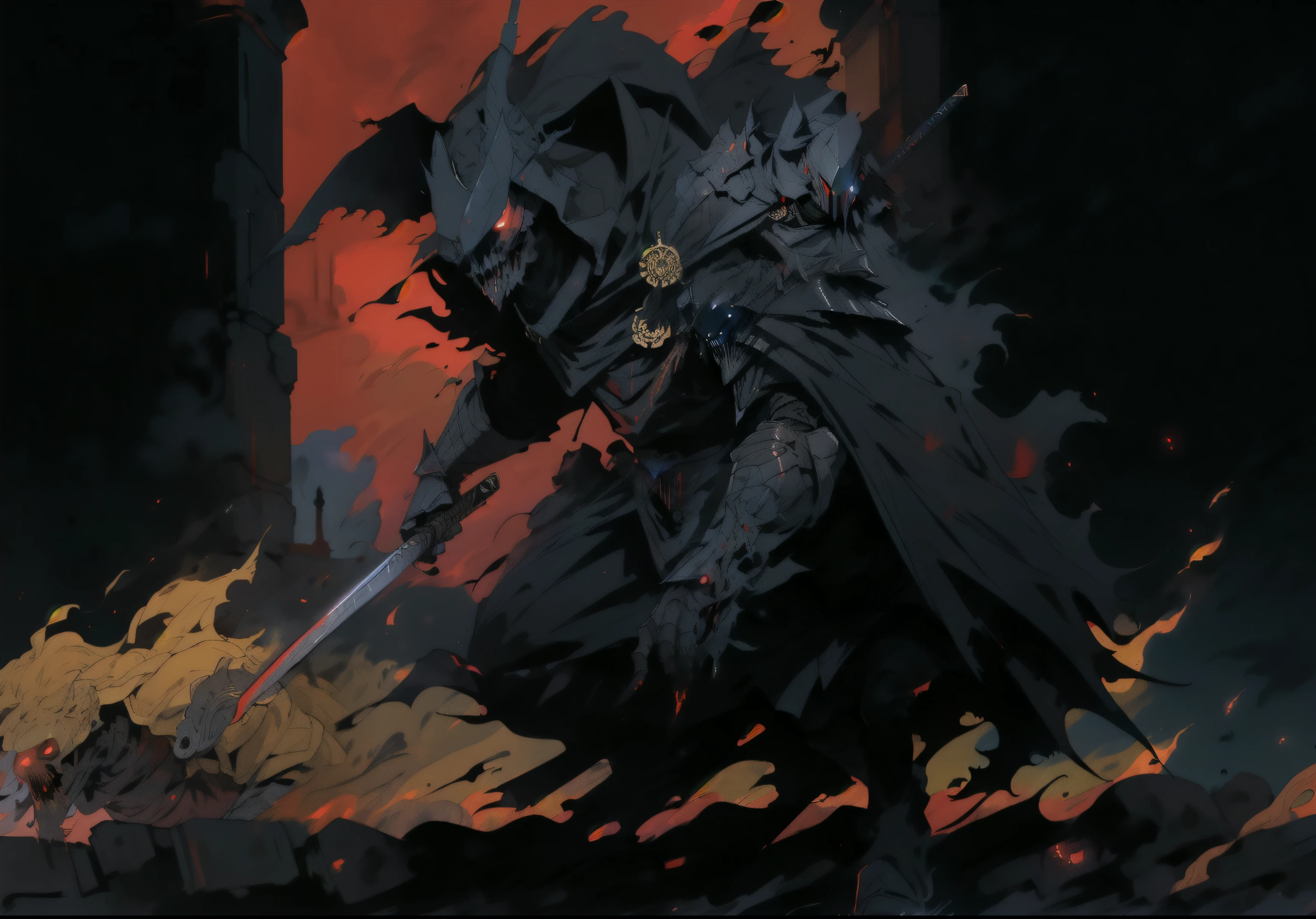 full body warrior of darkness in black cloth armor clad in shadow dark mist has red eyes with a thing red mist running from the side of his eyes upwards masked face wielding a stylized katana angrey look blood stained cape right shoulder on black fire cloth mask revealing angrey eyes, with huge red and black angle wings,
standing behind huge golden gates