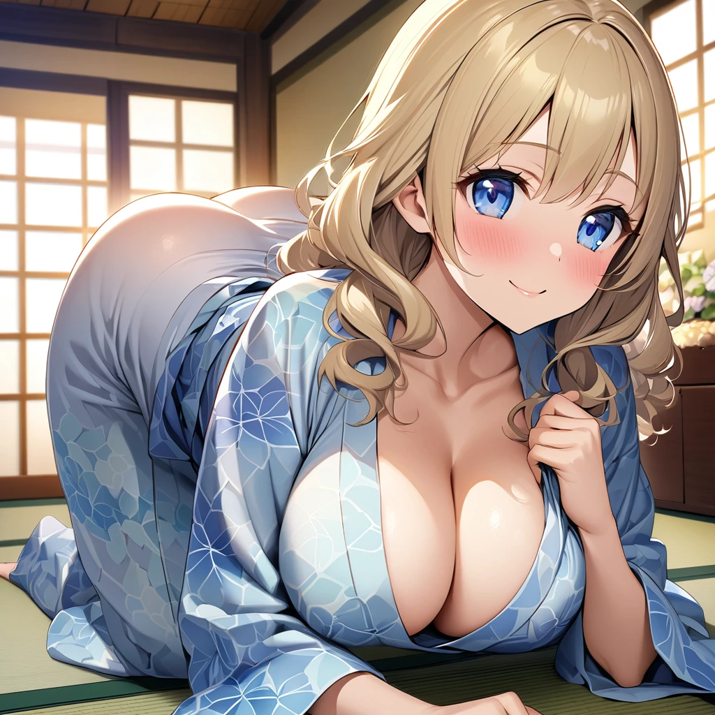 Blonde　Blue Eyes　Wavy Hair　cute　beautiful girl　Light blue yukata（Hydrangea pattern）　night　Tatami room　Fusuma　romantic　clear　　158cm　big breasts　Big Ass　smile