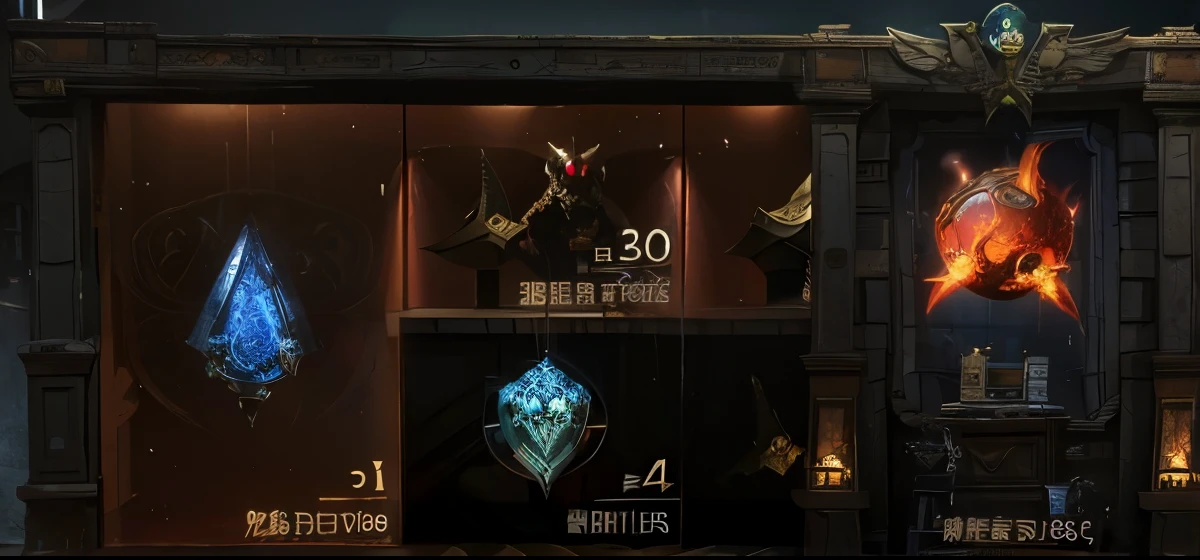a close up of a display of different items in a game, shop window for magical weapons, diablo 4, diablo 4 queen, ability image, diablo 4 lilith, Wang Chen, inventory item, glaive, ingame image, diablo 3, sotn, (exotic artifacts), unknown