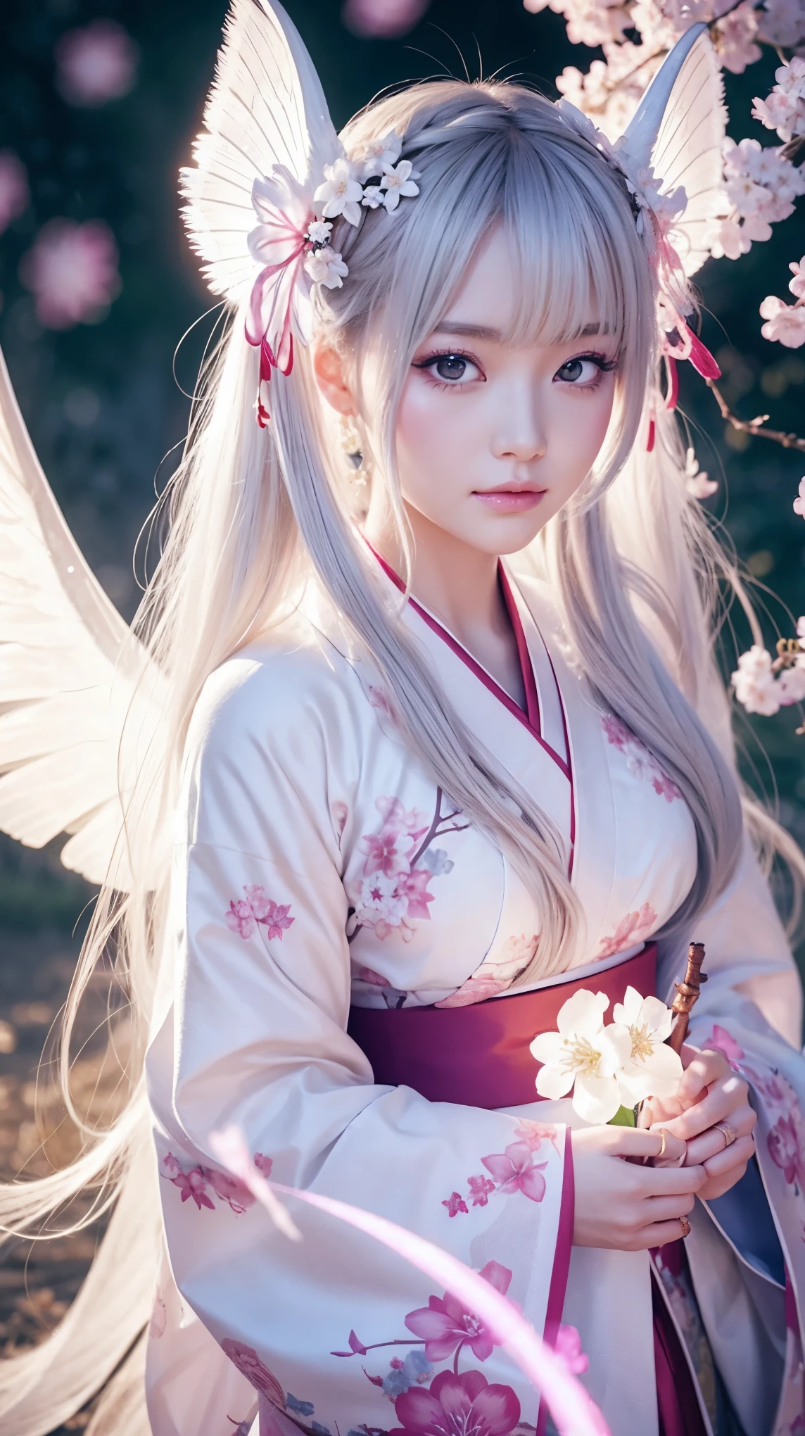 masterpiece, highest quality, (solo focus), (perfect face:1.1), (high detail:1.2), an angelic woman with oni horns white angel wings and very long white hair, glowing moonlight eyes, butterflies and cherry blossoms blowing in the wind, she's surrounded by enchanted swirling magic, wearing the most beautiful and highly detailed kimono with bells and flowing ribbons, pouty pink lips, angelic city detailed background, cinematic lighting, light volumetric lighting, majestic bokeh