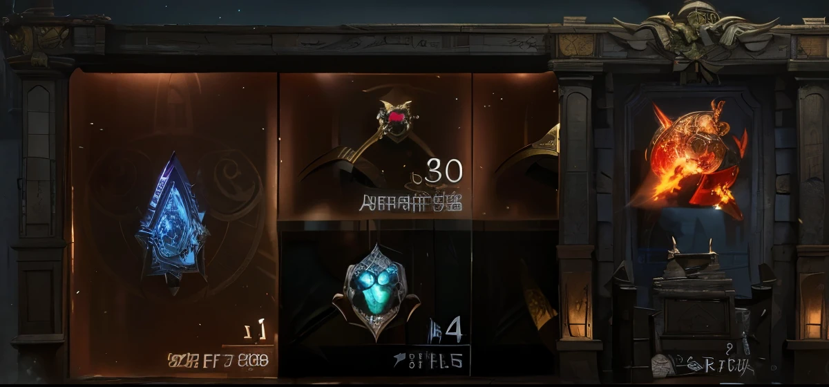 a close up of a display of different items in a game, shop window for magical weapons, diablo 4, diablo 4 queen, ability image, diablo 4 lilith, Wang Chen, inventory item, glaive, ingame image, diablo 3, sotn, (exotic artifacts), unknown