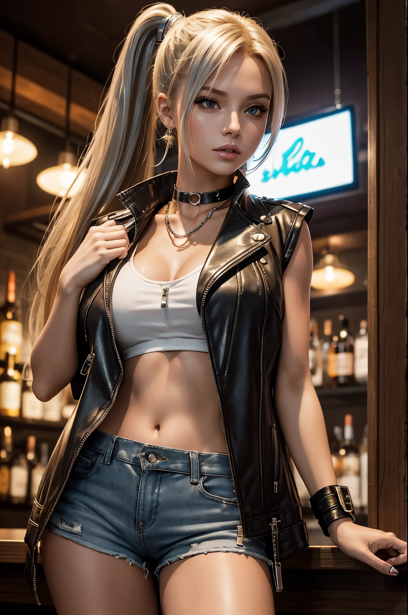 young woman standing in a bar, 23 years old, leather shorts with wide zipper, leather vest, blond ponytail, beautiful, slender, calf high boots, long nails, ((entire body in view)), well rendered hands and fingers, silver chain choker collar, staring open mouthed