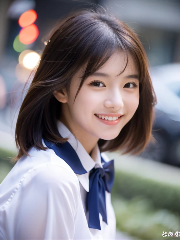 Woman Are standing On The Side Of The Street、Young Asian Woman、Beautiful Woman Photos、Japanese Model、with a beautiful young woman、60mm Portrait、color photo portrait 4k、Soft Portrait Shot 8K、15-year-old girl、smile、(8K、Raw photo、highest quality、masterpiece:1.2)、(Realistic、Photorealistic:1.37)、Very detailed、
1 girl、cute、alone、Beautiful detailed sky、Detailed cafe、night、Are standing、date、(Red nose)、(Laughter:1.1)、(Mouth closed)、B cup breasts、魅惑的なsmile、Professional Lighting、Sony a7R4、Zesse 50mm F1.8、
Medium breast、Beautiful eyes in every detail、(Collared shirt:1.1)、A bow tie、Hort Hair:1.2)、Floating hair、smile、smile、16-year-old girl,ponytail,