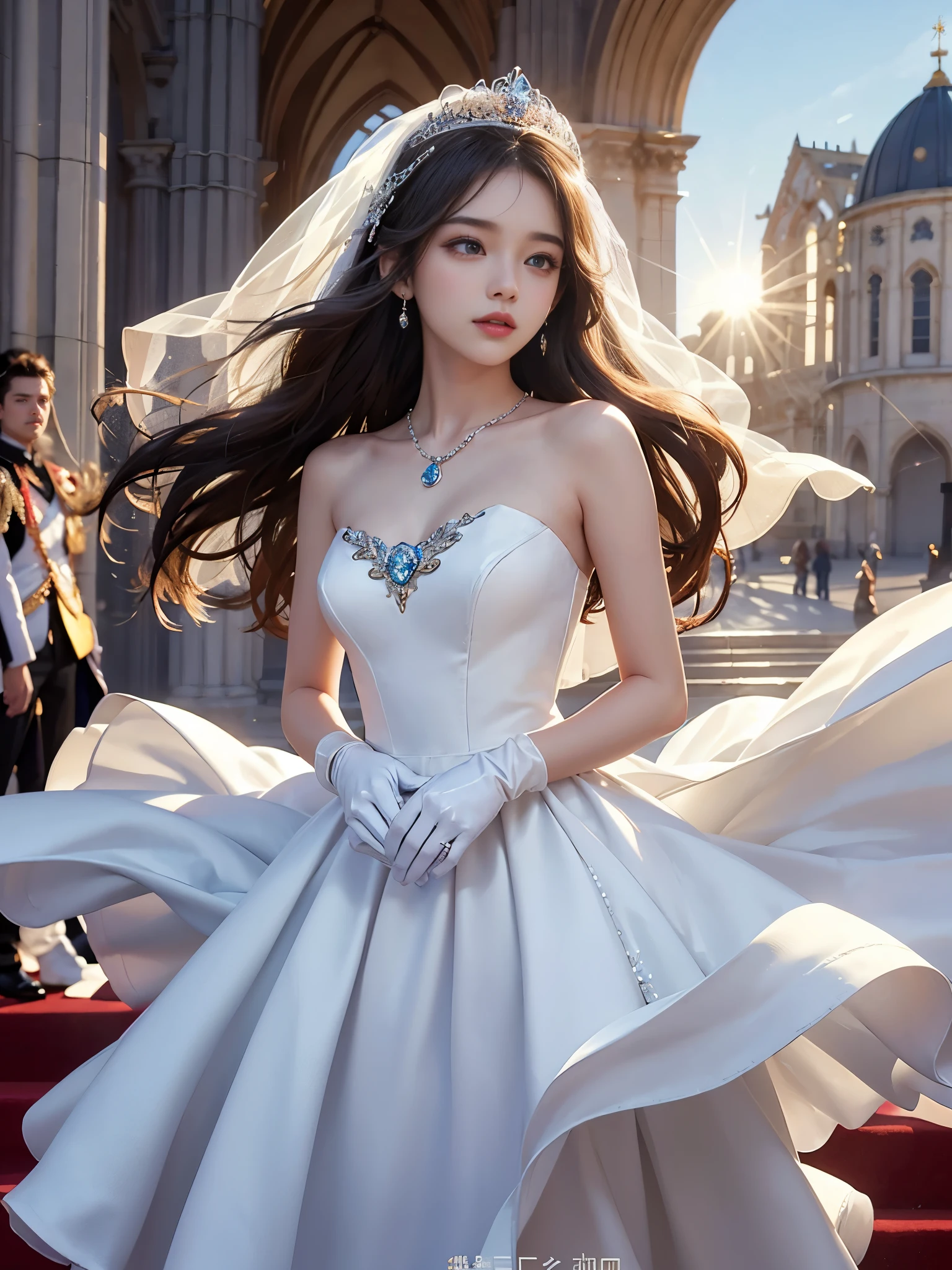 best quality, masterpiece, 1 girl, yak, cute teen, shiny lips, sweet, sun glare, Conservative attire, white gloves, Bead material bell-line wedding dress, Bridal tiara, depth of field, blurred background, Cathedral Background, light particles, strong wind, long hair, head tilt