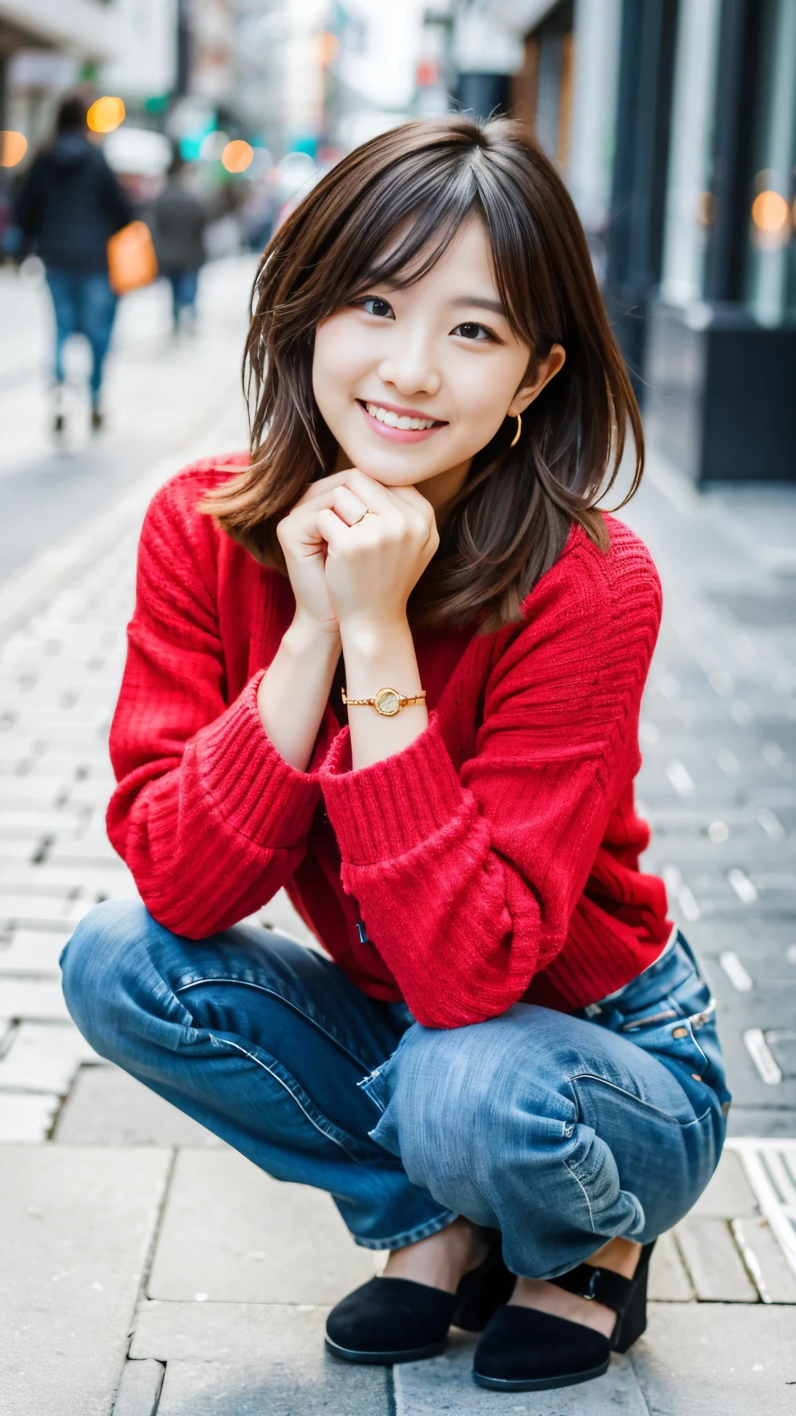 Photo taken by a professional photographer,laughter:1.5,Close-up of a 30-year-old Japanese woman squatting on the sidewalk, wearing a sweater, Short-cut brown hair, hair is disheveled,young and cute girl, Wearing a miniskirt:1.5,Wear stylish boots,Fancy makeup with red eyeshadow,Beautiful thighs are visible,Squatting with crotch open facing the front:1.5,I can see black panties:1.5,