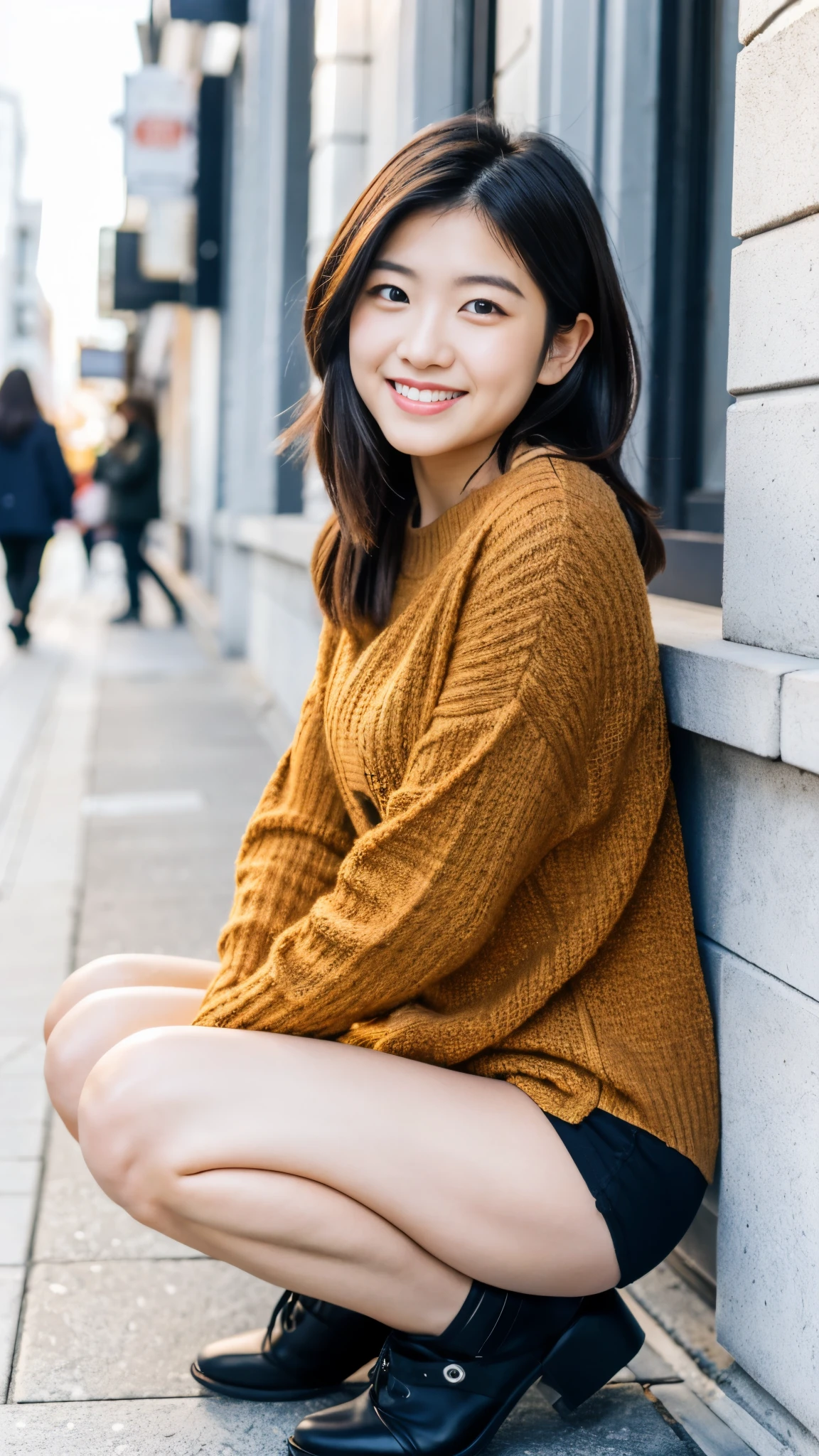 Photo taken by a professional photographer,laughter:1.5,Close-up of a 30-year-old Japanese woman squatting on the sidewalk, wearing a sweater, Short-cut brown hair, hair is disheveled,young and cute girl, Wearing a miniskirt:1.5,Wear stylish boots,Fancy makeup with red eyeshadow,Beautiful thighs are visible,Squatting with crotch open facing the front:1.5,I can see black panties:1.5,