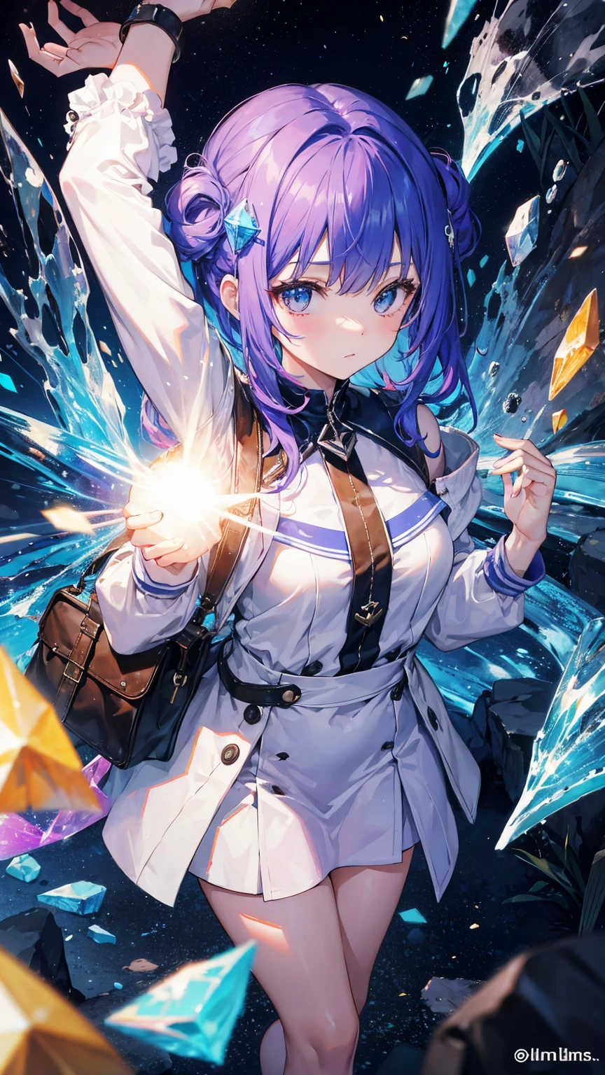 (masterpiece, best quality), (colorful:1.4), from above, solo, 1girl standing in a mysterious cave with glowing crystals and a bag of hidden treasures, depth of field, fisheye lens