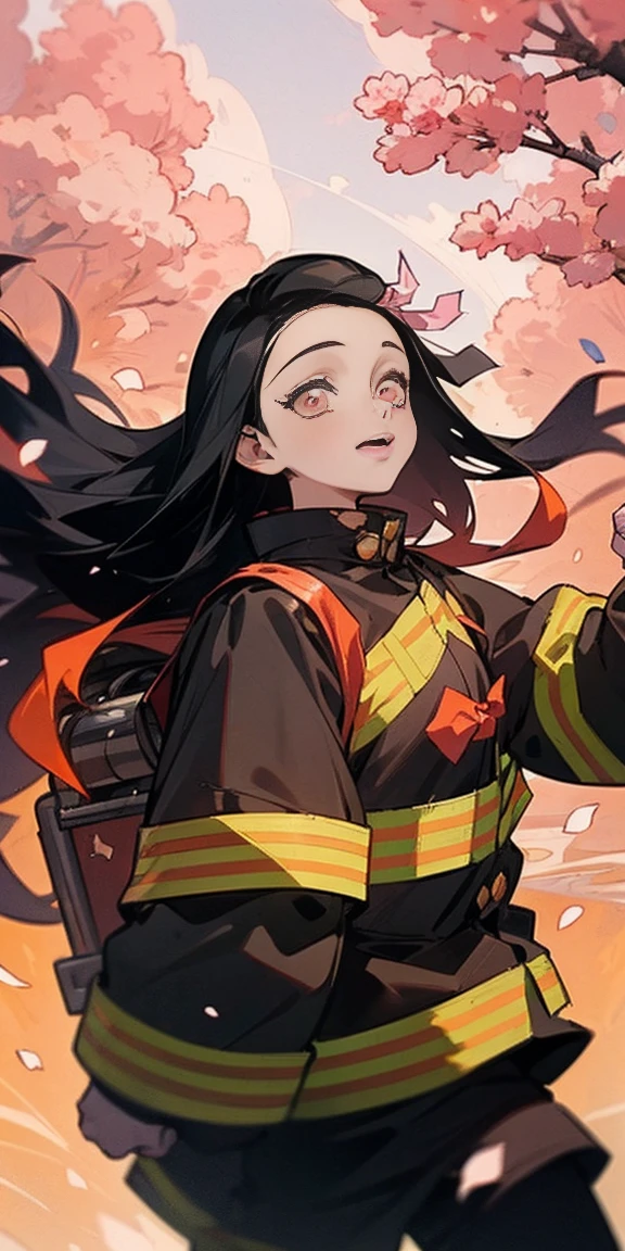 (Browsing Caution, Vulgar art:1.2),Nezuko, One girl, Black Hair, amount, hair ribbon,Long Hair, Multicolored Hair, Open your mouth, Pink Eyes, pink ribbon, ribbon, smile, very Long Hair, blue sky, Cherry blossoms in the background,Cherry blossoms are scattered, (2D Style:1.2), (artwork:1.2), (Line art:1.33), , by (Satoshi Kon:1.2) break, highest quality, masterpiece, 8k, (High resolution:1.1), (Cinematic:1.2), (Firefighter attire, Firefighter attire:1.4), (Mid-chest:1),