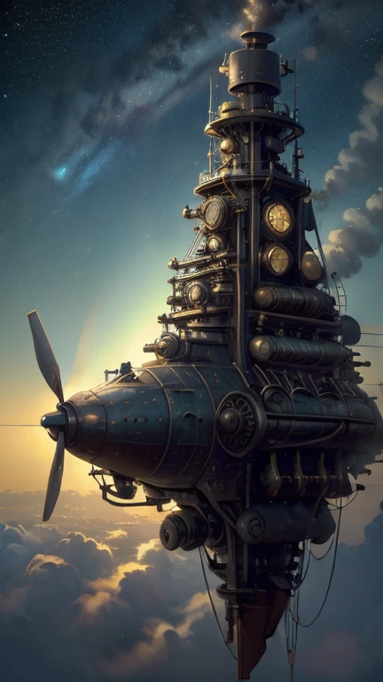 (((Masterpiece))), (((high resolution))), Background picture, starry sky, steampunk, floating building, rising steam, vapor, (large propellers), driving wheels