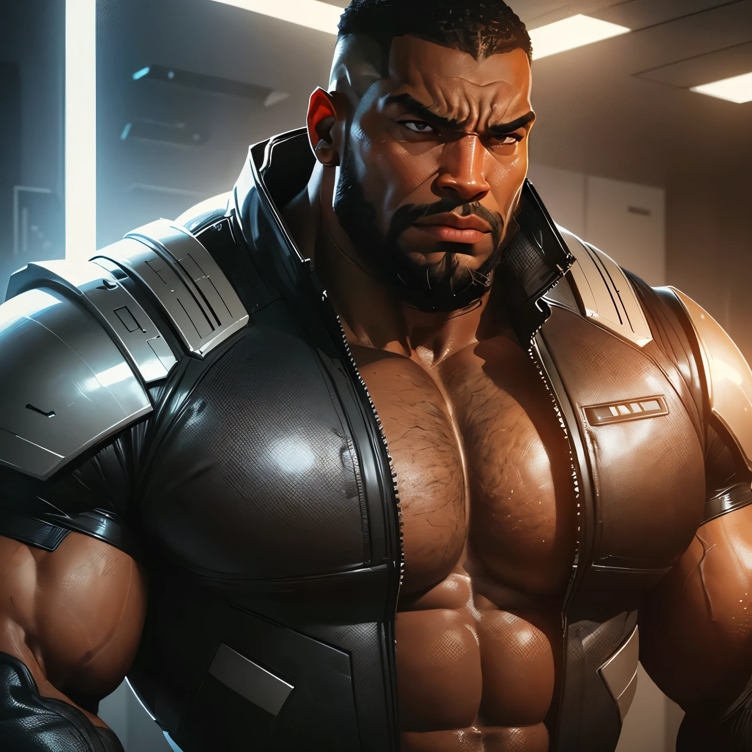 an exaggeratedly muscular and large bodyguard, beefy build, beard, dark-skinned african american male, buzzcut hair with square line, (worried expression: 1.2), (wearing futuristic plug bodysuit: 1.2), (bara pecs: 1.3), (arm and chest hair: 1.1), close-up portrait HD, (cowboy angle), (sci-fi spaceship)