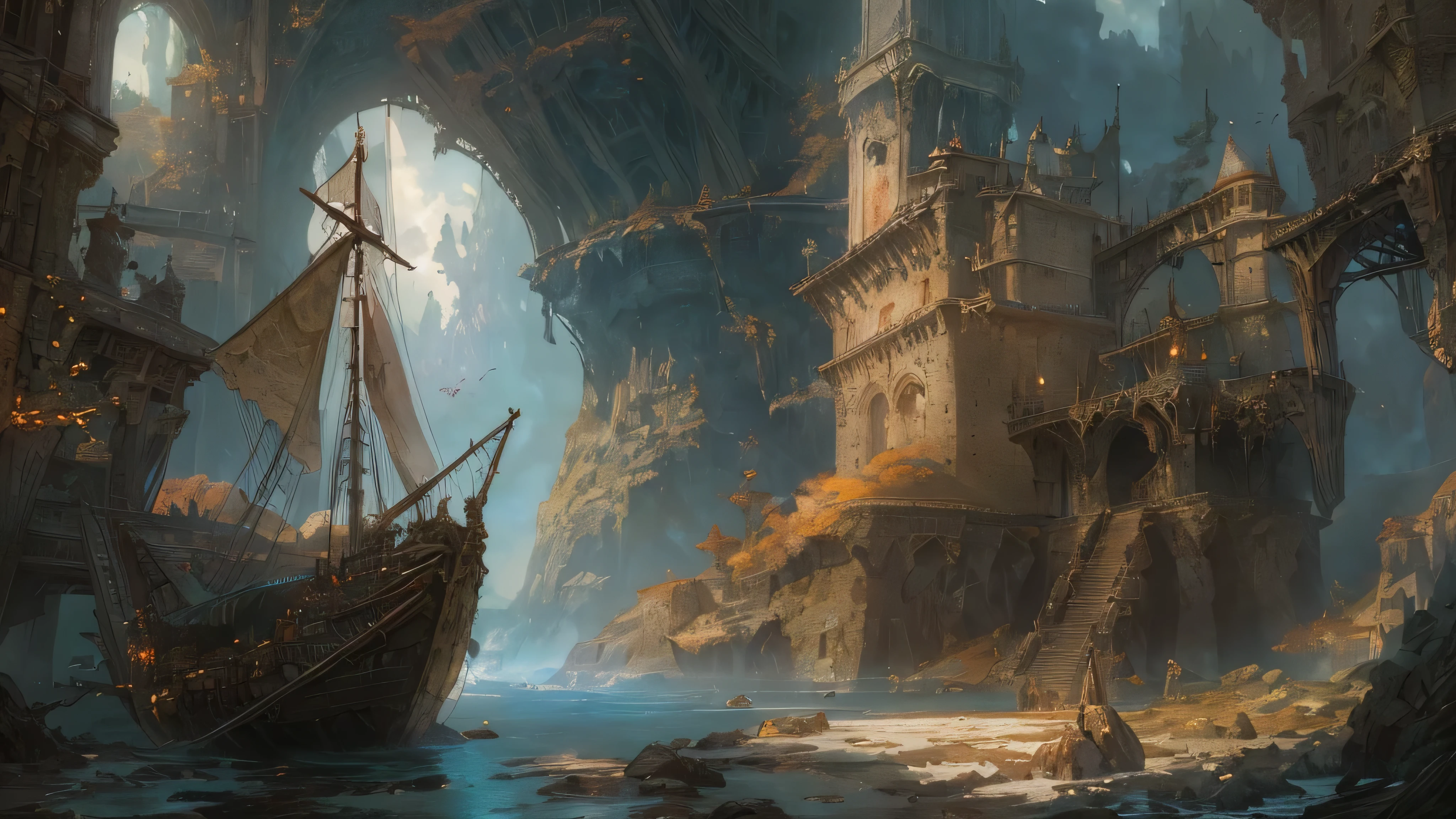 "(by Greg Rutkowski: 1.2), (masterpiece), ((best quality)), extremely delicate and beautiful, illustration, vibrant color, dynamic lighting, (fantasy landscape), A mesmerizing fantasy landscape with enchanting elements blending seamlessly. ((medieval port city (Neverwinter), ships, dungeon and dragons)), A sense of tranquility and wonder fills the air, inviting exploration and discovery. Providing a distant view that captures the grandeur and atmosphere. From Brian Froud and Carne Griffiths and Wadim Kashin and John William Waterhouse, 8K post-production, high resolution, ((highly detailed)), depth of field, HDR, intricate"