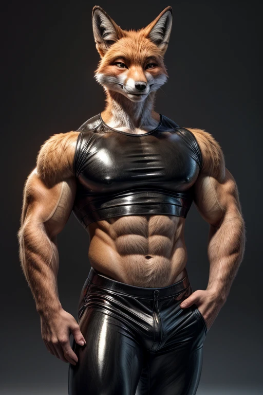 ((ectomorph)),((muscular body)),humanoid fox,anthro,wearing-cropped-top-colored-black,wearing-latex-pants-colored-black,simple-background,4k Ultra HD,E621,Rule34,perfect-hands,nice-hands,handsome-face,3840x2160 resolution,5k Ultra HD,fox-anthro,Male by Chelodoy