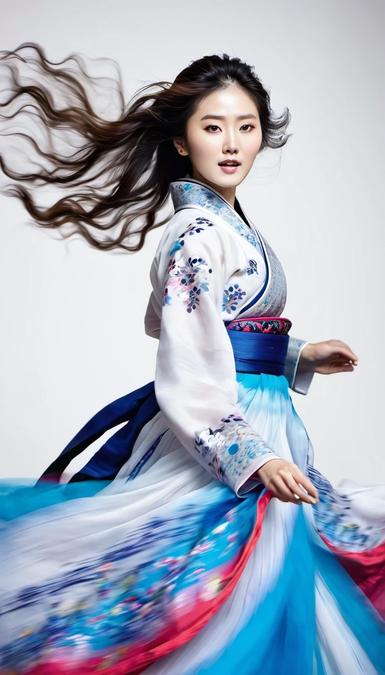 in style of Street photography, beautiful detailed,Motion blur, black and white close up, white background, a woman in an intricate and colorful hanbok dress, spinning frantically, translucent stinging air particles on the hem of the dress, professional fashion photography, super macro, unusually rich and super detailed texture of long wavy hair, poster style, minimalist , tilt shiStreet style, beautifully detailed, motion blur, black and white close-up, blue background, a woman in an intricate and colorful hanbok, spinning frantically, translucent tingling air particles on the hem of her dress, professional fashion photography, super macro, long wavy hair with unusually rich and super-detailed textures, poster style, minimalist, tilted movement of hands and face, Nikon, Hasselblad, Canon, Fuji, 16Kft of hands and face, Nikon, Hasselblad, Canon, Fuji, 16K