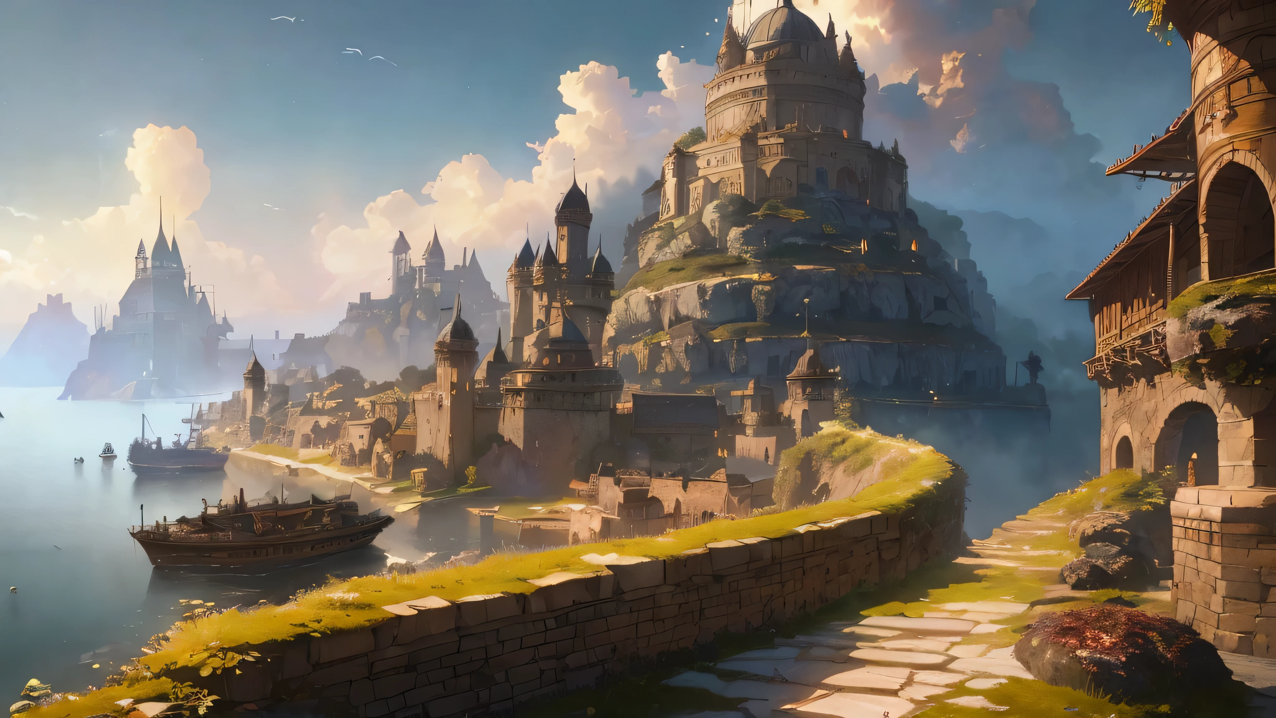 (by Greg Rutkowski: 1.2), (masterpiece), ((best quality)), extremely delicate and beautiful, illustration, warm atmosphere, dynamic lighting, (fantasy landscape), A mesmerizing fantasy landscape with enchanting elements blending seamlessly. ((medieval coastal city (Neverwinter) )), A sense of tranquility and wonder fills the air, inviting exploration and discovery. Providing a distant view that captures the grandeur and atmosphere. From Brian Froud and Carne Griffiths and Wadim Kashin and John William Waterhouse, 8K post-production, high resolution, ((highly detailed)), depth of field, HDR, intricate