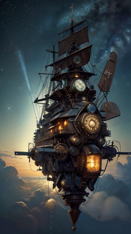 (((Masterpiece))), (((high resolution))), Background picture, starry sky, steampunk, floating building, rising steam, (large propellers), driving wheels