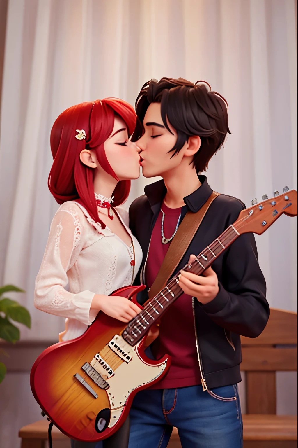 A couple playing guitar，Kiss each other，A man and a woman，high quality，There is a love behind，Qixi Valentine's Day