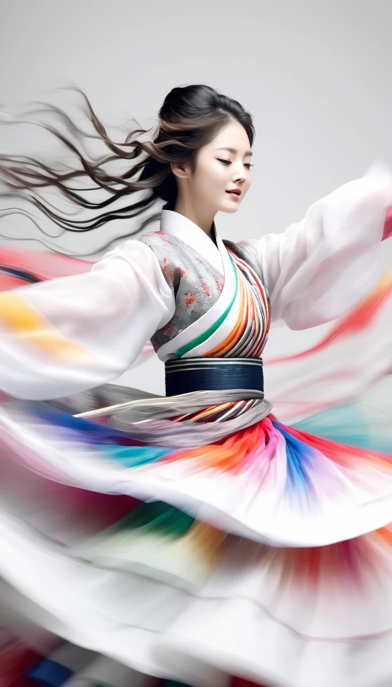 Motion blur, black and white close up, white background, a woman in an intricate and colorful hanbok dress, spinning frantically, translucent stinging air particles on the hem of the dress, professional fashion photography, super macro, unusually rich and super detailed texture of long wavy hair, poster style, minimalist ::1, tilt shift of hands and face, Nikon, Hasselblad, Canon, Fuji, 16K
