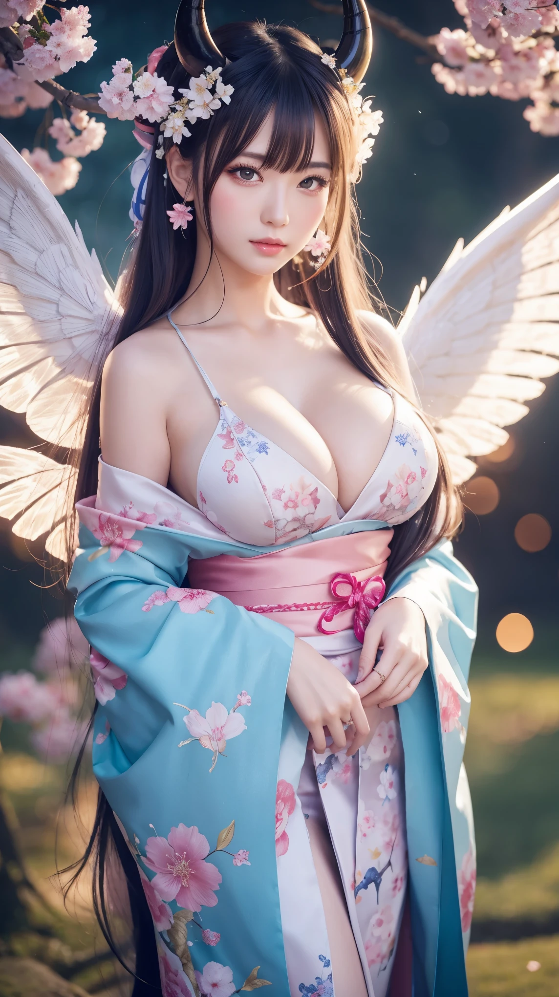 masterpiece, highest quality, (solo focus), (perfect face:1.1), (high detail:1.2), an angelic woman with oni horns white angel wings and very long blue hair, glowing moonlight eyes, standing in a sexy seductive slutty pose, accentuated super huge enormously gigantic tits with cleavage showing, butterflies and cherry blossoms blowing in the wind, she's surrounded by enchanted swirling magic, wearing the most beautiful and highly detailed kimono with bells and flowing ribbons, pouty pink lips, angelic city detailed background, cinematic lighting, light volumetric lighting, majestic bokeh