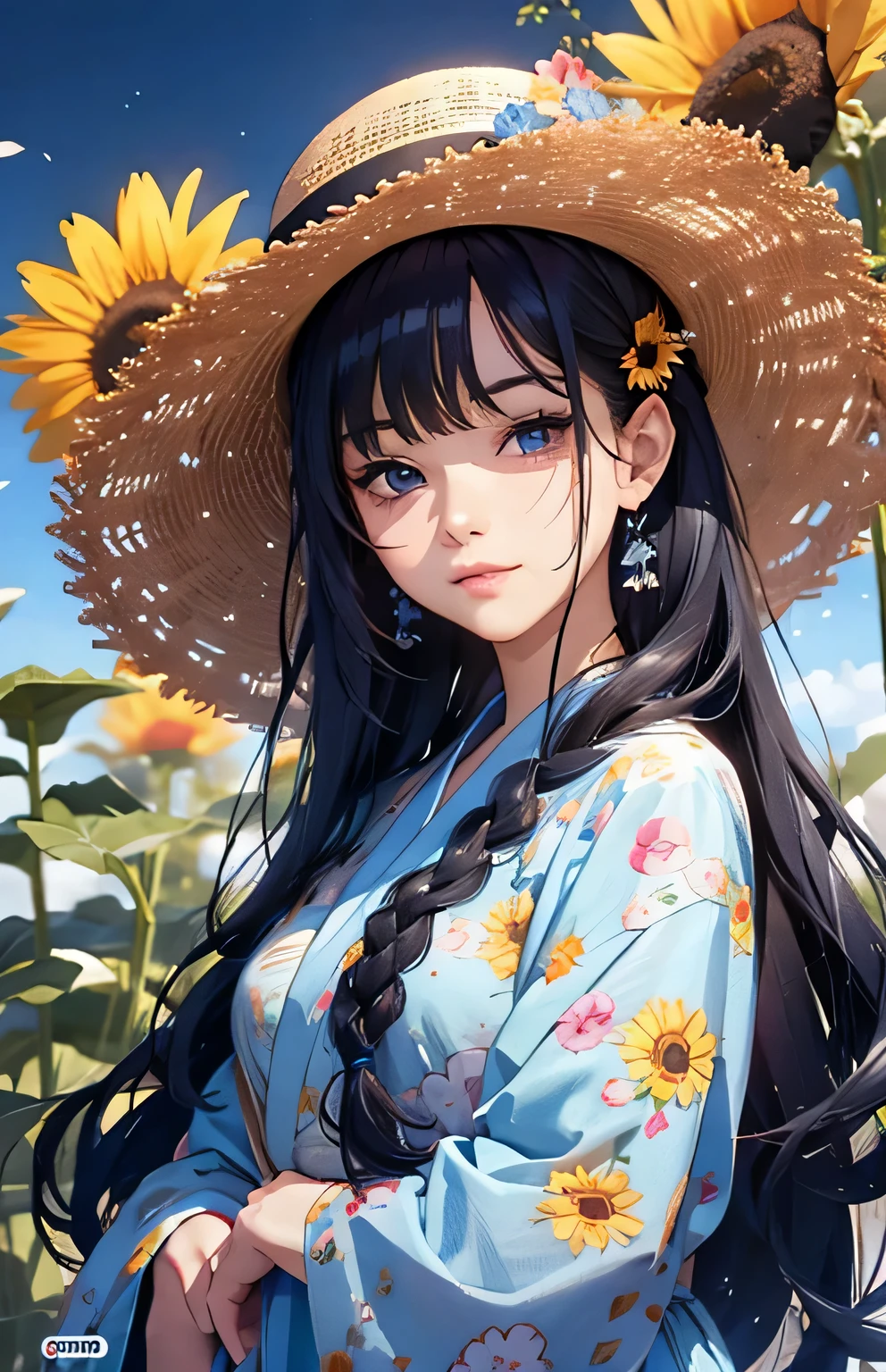 masterpiece、highest quality、High resolution、High-quality images、8k, 1 female、Skin Radiance、Texture of skin and clothing、Expression of fine eyes、Shiny black hair,Girl with long braided hair, Manga inspired by Lee Jong-suk, Trending on deviantart, realism, detailed manga style, Manga art style, Perfect Line Drawing, Beautiful line art, digital manga art girl, K-POPアイドル, yukata, Mid-chest,Beautiful light blue eyes, Lips become thicker, Gorgeous face with attention to detail, (Cute Smile), charm, Innocent, Side view, (Perfectly detailed face), (Beautiful Hands) photorealistic images, Written boundary depth, Princess Hairstyles, sunflower, Straw hat,yukata,wonderful flower garden,Beautiful sunflower,Romanticism,