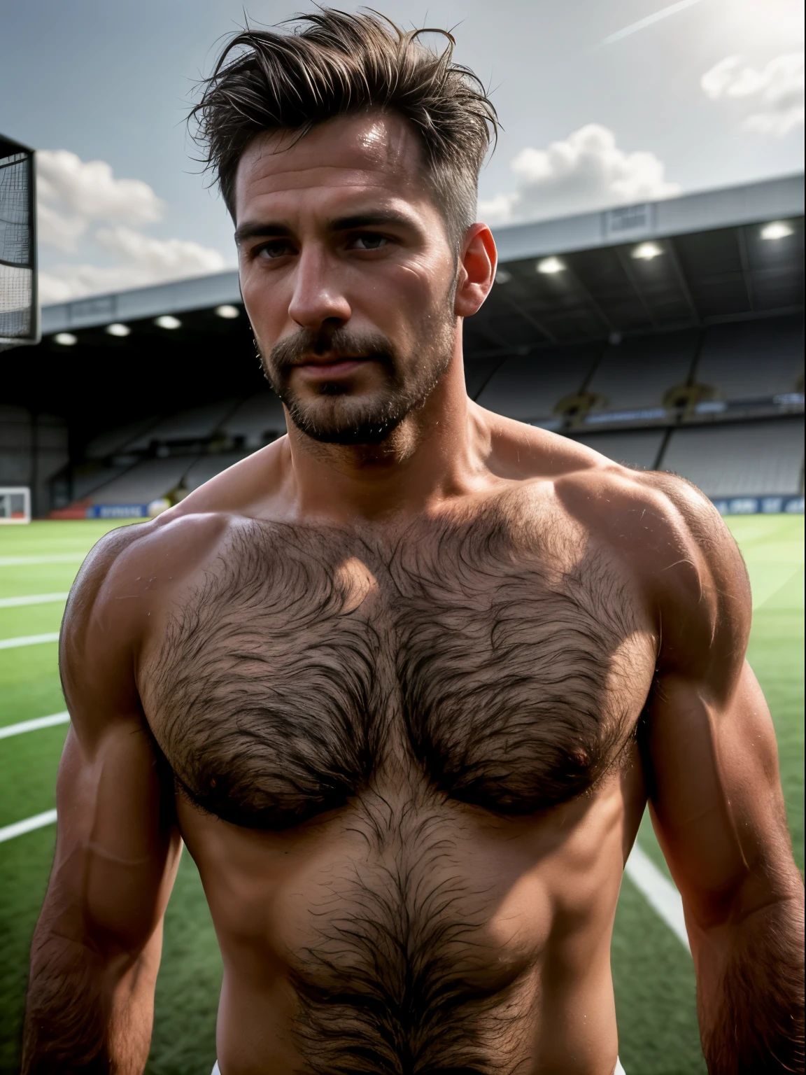 masterpiece, best quality, high resolution, closeup portrait, male focus, solo focus, A man, 40 years old, grey hair, soccer player, football player, grey silver hair, messy hairstyle, cute and seductive face, bare chest, body hair, facial hair, roman nose, very skinny body, hairy legs, cute, dimples, scruffy beard, goatee, bold jawline , full body, sweaty, in the background an outdoor soccer football field,  view from below, amazing composition, front view, HDR, ultra quality, elegant, highly detailed, fully naked, beautiful penis, realisric male genitalia, male penis, penis, cock, dick, veiny dick