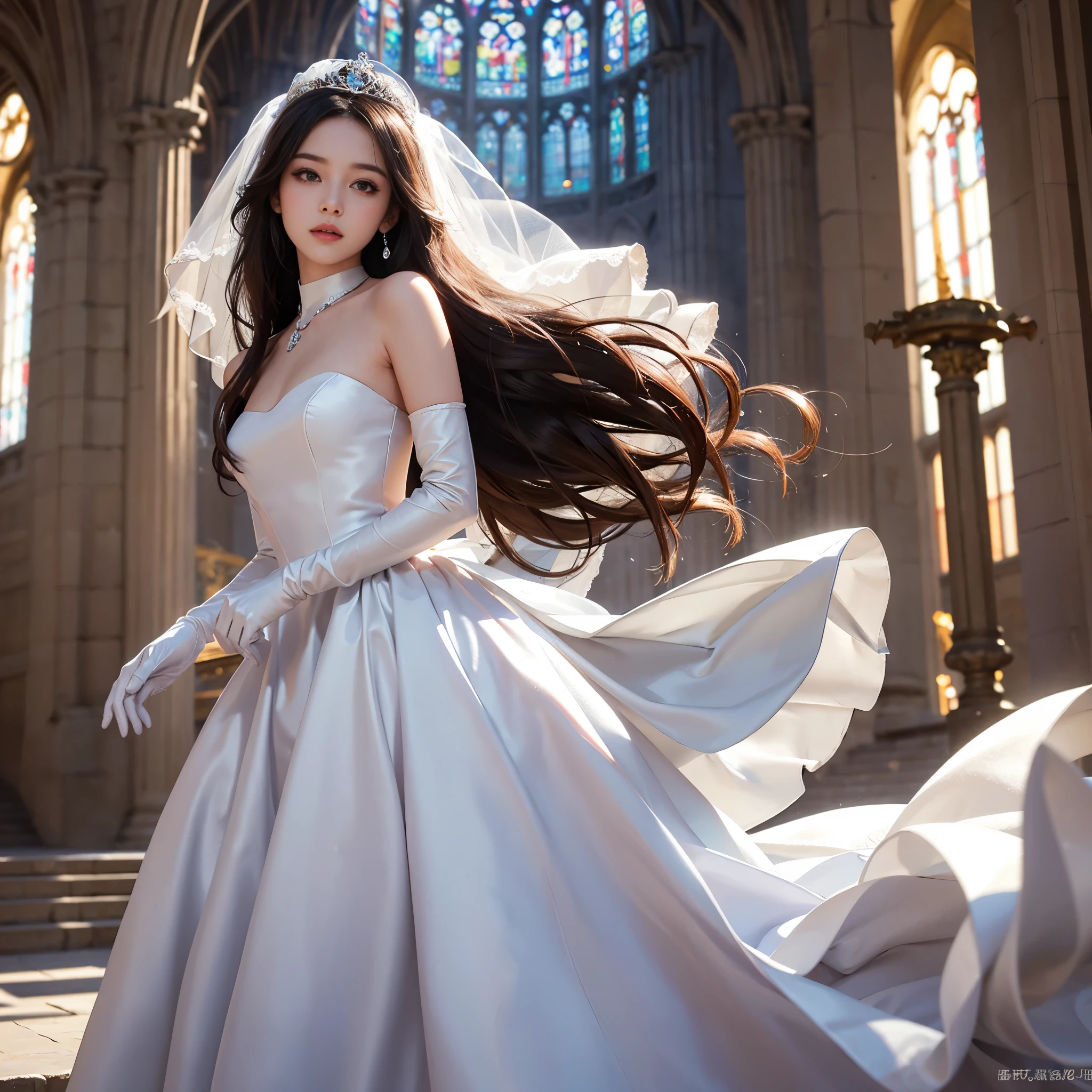 best quality, masterpiece, 1 girl, yak, cute teen, shiny lips, sweet, sun glare, Conservative attire, white gloves, wedding dress, Bridal tiara, depth of field, blurred background, Cathedral Background, light particles, strong wind, long hair, head tilt