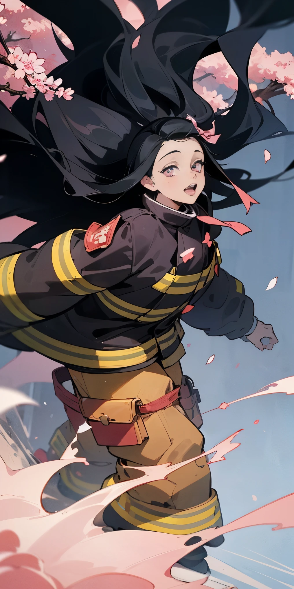 (Browsing Caution, Vulgar art:1.2),Nezuko, One girl, Black Hair, amount, hair ribbon,Long Hair, Multicolored Hair, Open your mouth, Pink Eyes, pink ribbon, ribbon, smile, very Long Hair, blue sky, Cherry blossoms in the background,Cherry blossoms are scattered, (2D Style:1.2), (artwork:1.2), (Line art:1.33), , by (Satoshi Kon:1.2) break, highest quality, masterpiece, 8k, (High resolution:1.1), (Cinematic:1.2), (Firefighter attire, Firefighter attire:1.4), (Mid-chest:1),