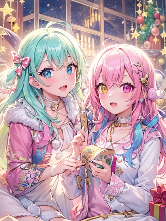 (2 girls in,8ｋDetails;1.5,8ｋResolution of;1.5), ((Christmas:1.2,santa costume:1.2)){{{Glitter Pupil:1.25, Heart-shaped pupil:1.3,eye glass:1.3}}}),((Half blue and half pink hair,Shiny hair,Glowing hair)), (Heterochromia), (Light focus , Warm light gradient,Bright light gradient , Lens Flare, Fluffy, kirakira, Dreamy), ((masutepiece, of the highest quality, Beautiful and aesthetic)), {{{The best lighting, Very delicate and beautiful,Cinematic Light}}}, (delicate detail,Hyper-detailing, intricate-detail)