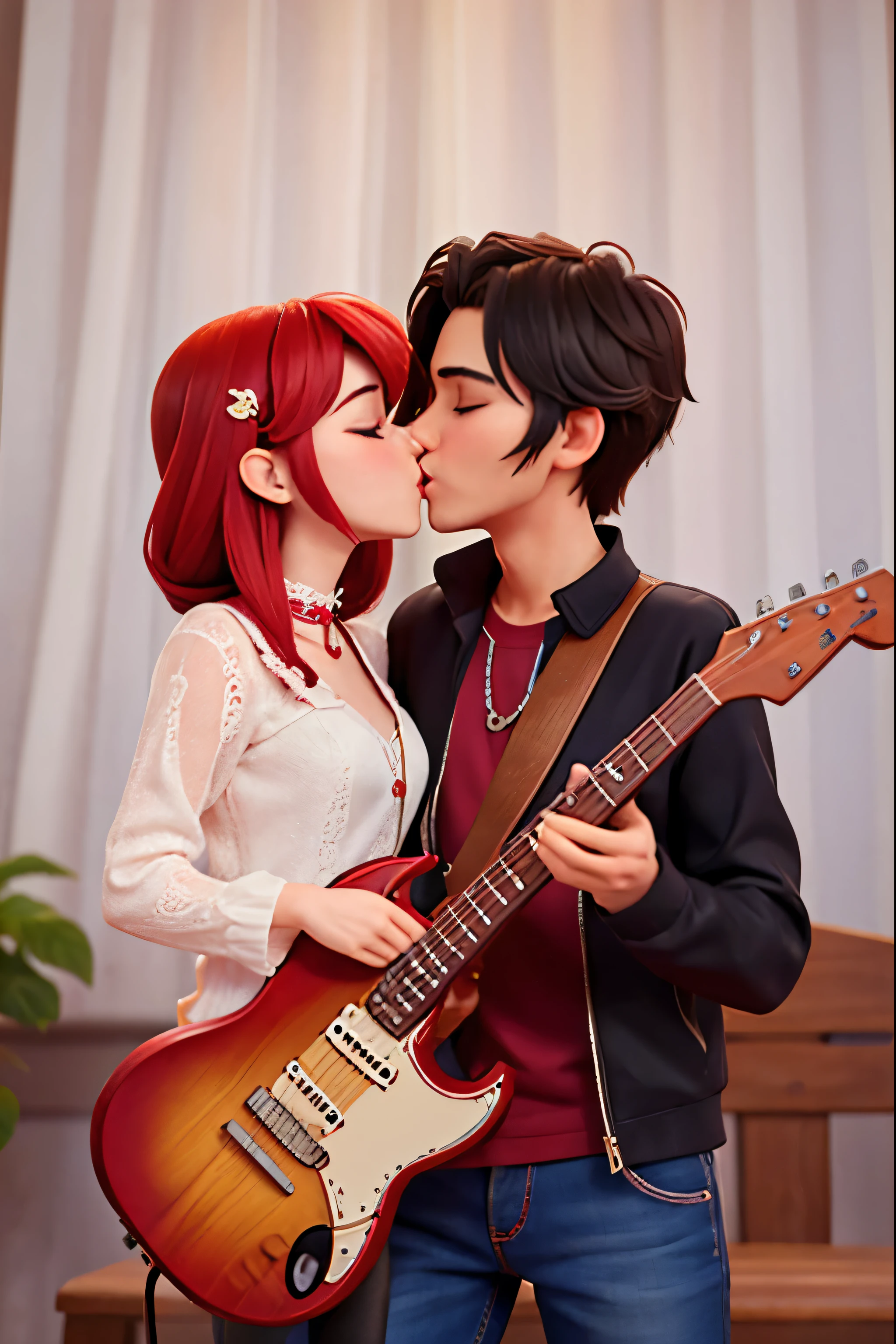 A couple playing guitar，Kiss each other，A man and a woman，high quality，There is a love behind，Qixi Valentine's Day