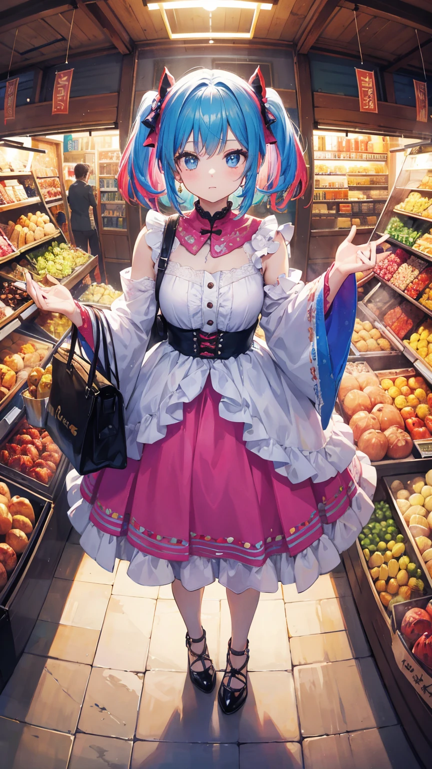 (masterpiece, best quality), (colorful:1.4), from above, solo, 1girl standing in a magical marketplace with colorful stalls and a bag of enchanted trinkets, depth of field, fisheye lens