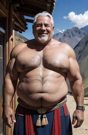  Un gladiador inca cholo de cuerpo completo, smiling standing sweaty old man with gray hair extremely muscular and extremely fat over 70 years old, weighing over 600 pounds with extremely large, sagging, very muscular, very hairy pecs with gynecomastia Dark, pointed nipples. en un paisaje de la cordillera de los Andes peruanos con un taparrabos de lino  