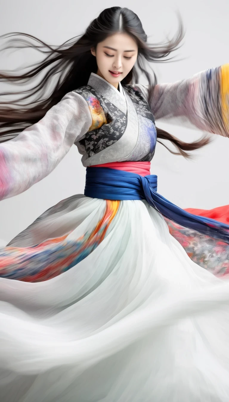 Motion blur, black and white close up, white background, a woman in an intricate and colorful hanbok dress, spinning frantically, translucent stinging air particles on the hem of the dress, professional fashion photography, super macro, unusually rich and super detailed texture of long wavy hair, poster style, minimalist ::1, tilt shift of hands and face, Nikon, Hasselblad, Canon, Fuji, 16K
