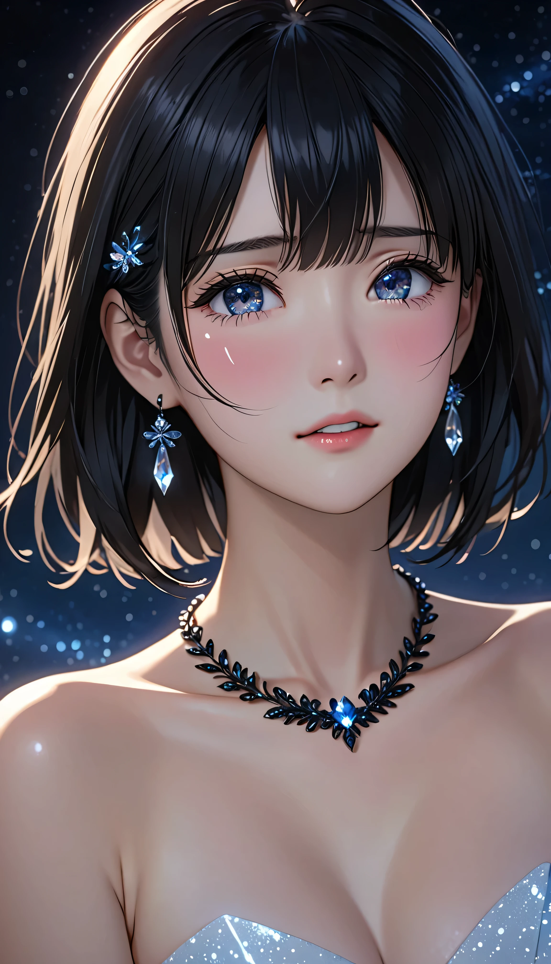 National Science Foundation,masterpiece,High resolution,8K,Art,digit,Kyoto Animation Style,your name movie style,Facing the camera,night,midnight,Soft Light,Glowing skin,(1 female: 1.3),(alone: 1.4),(((long black hair))),(Upper body naked),(crystal hairpin),(black crystal necklace),(black crystal earrings),Long eyelashes,short bob,sexy pose,Close-up of upper body,Close-up,close view,nightstarry sky,Eyes as deep as the starry sky,Blushed,shy,shy,,(((cry))),(((shed tears))),open mouth