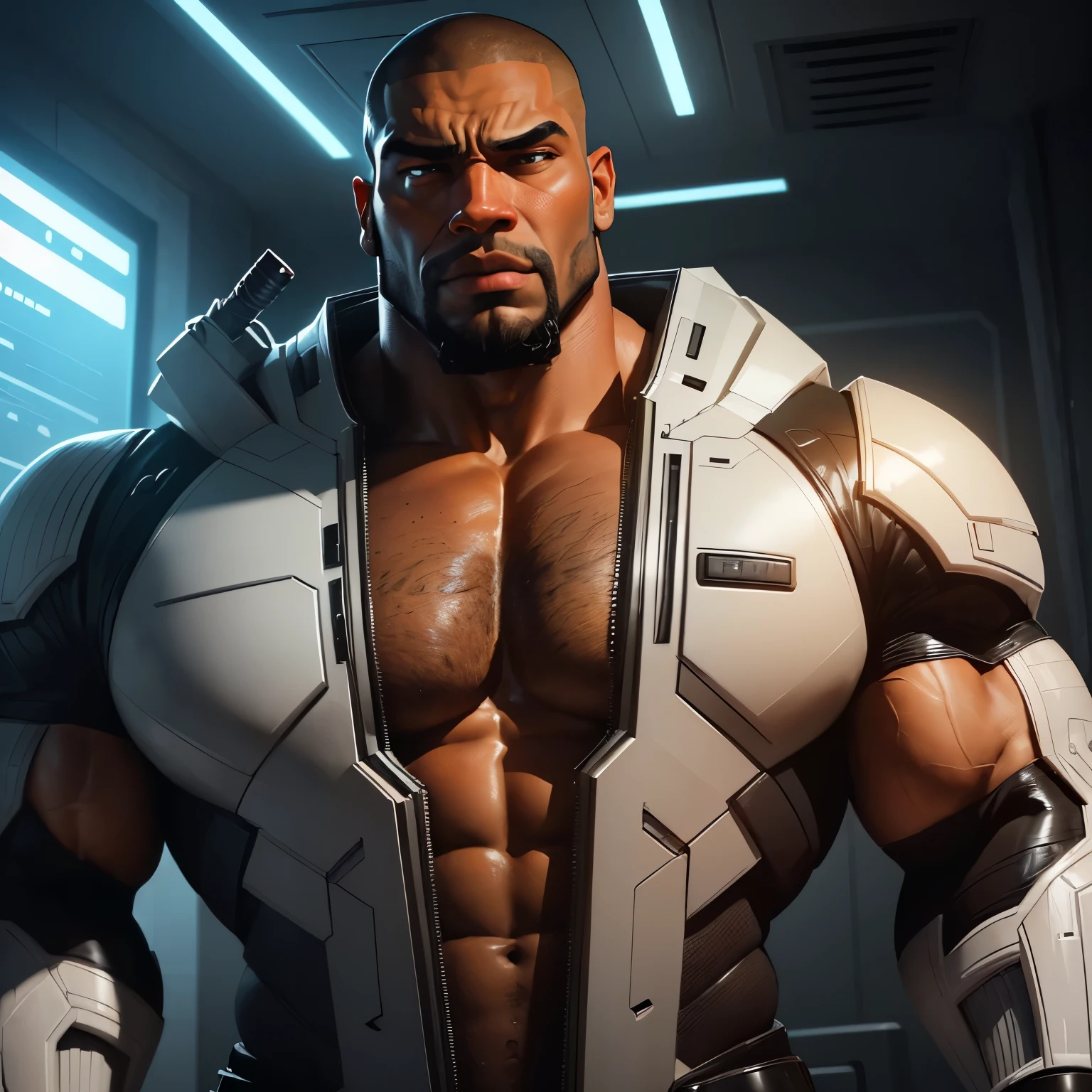 (Kano), 1man , solo, cyborg, (right metal Cybernetic eye), shirtless, bald, (reactor on the chest), hairy chest, tatoo on the left shoulder and left arm, gritting teeth, (holding a knife), black pants with straps, (harnesses), indoors, badass, upper body shot, fighting stance