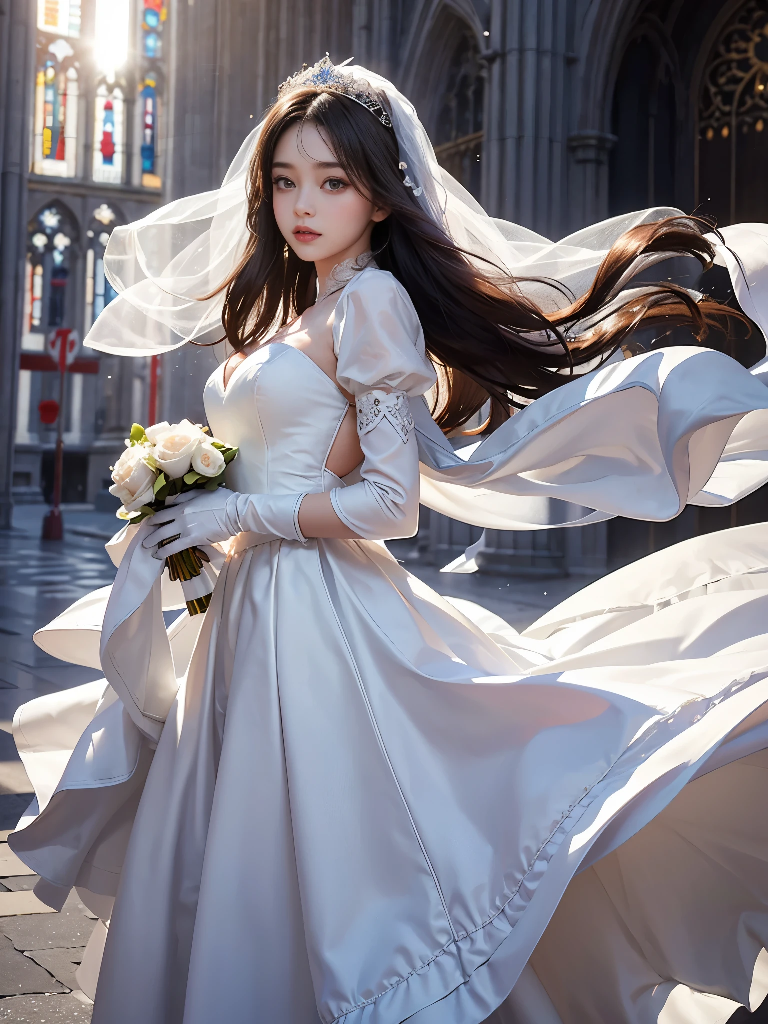 best quality, masterpiece, 1 girl, A huge laugh, cute , shiny lips, sweet, sun glare, Conservative attire, turtleneck wedding dress, Bridal Tiara, depth of field, blurred background, Cathedral Background, light particles, strong wind, head tilt