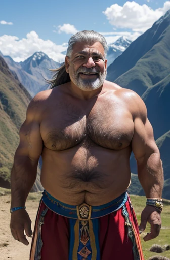  Un gladiador inca cholo de cuerpo completo, smiling standing sweaty old man with gray hair extremely muscular and extremely fat over 70 years old, weighing over 600 pounds with extremely large, sagging, very muscular, very hairy pecs with gynecomastia Dark, pointed nipples. en un paisaje de la cordillera de los Andes peruanos con un taparrabos de lino  