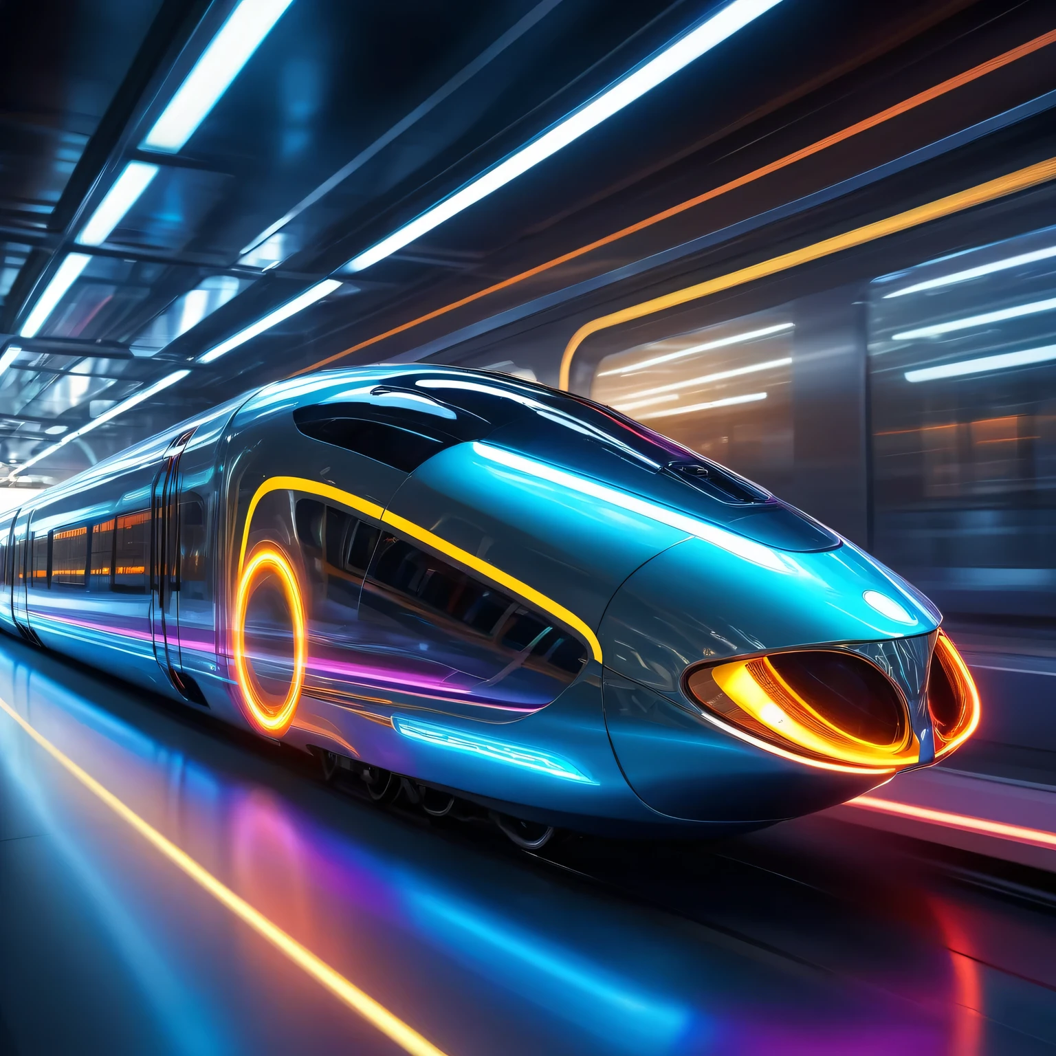 Fuzzy Dynamic Effect of Future Train During High Speed Driving, metallic materials,streamlined design,cutting-edge engineering,blurred effect,fast-paced,motion blur,futuristic atmosphere,vivid colors,glowing lights,neon accents,sleek and shiny appearance,suspension system,energy-efficient,electric propulsion,advanced technology,sci-fi,concept art.