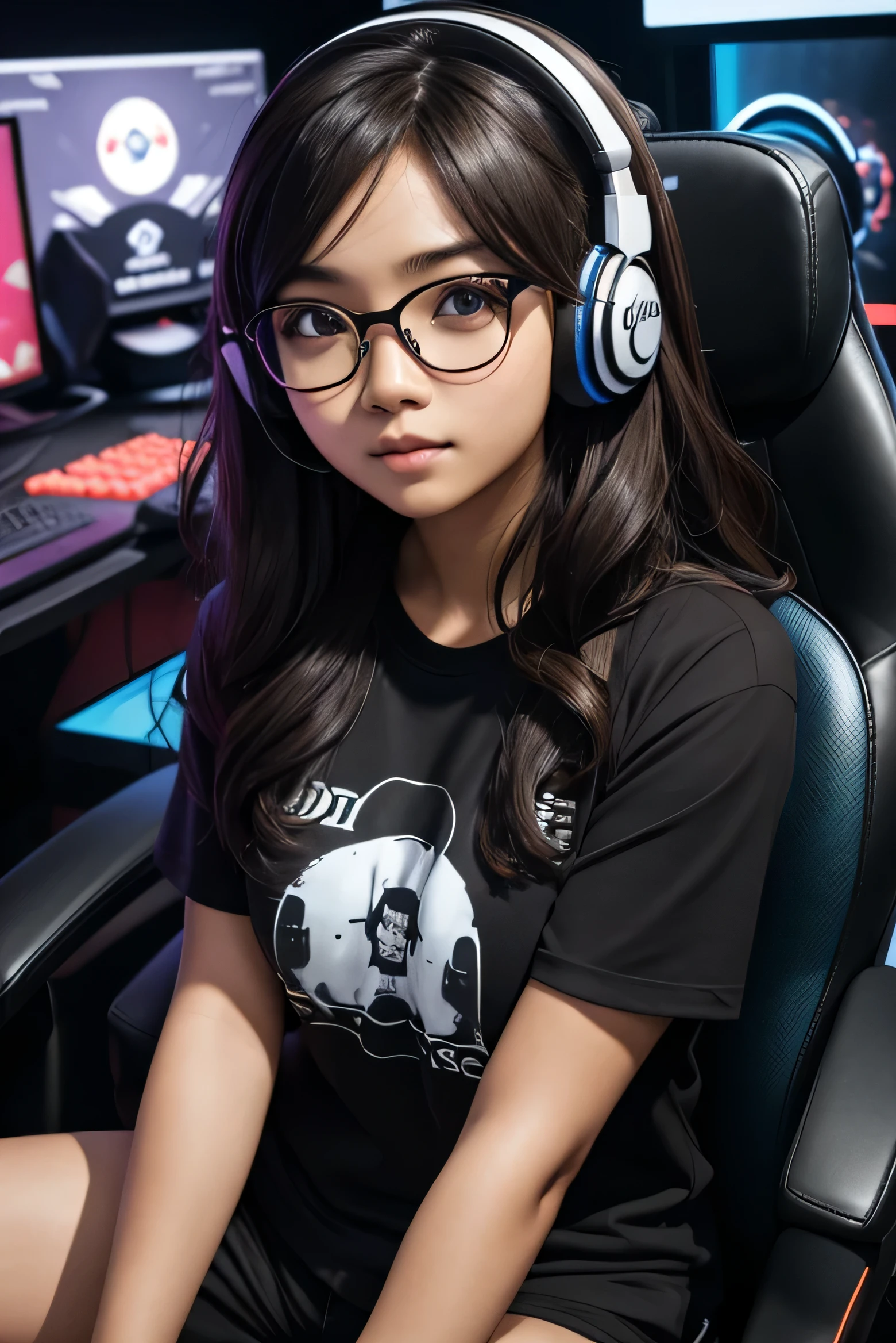 solo photo detailed face of half body photo. 25 year old Indonesian girl with a sweet face, big round face and long brown wavy hair, round glasses, wearing a tight black e-sports t-shirt that says evos, while playing games on a gaming chair and wearing a gaming headset decorated with RGB lights
