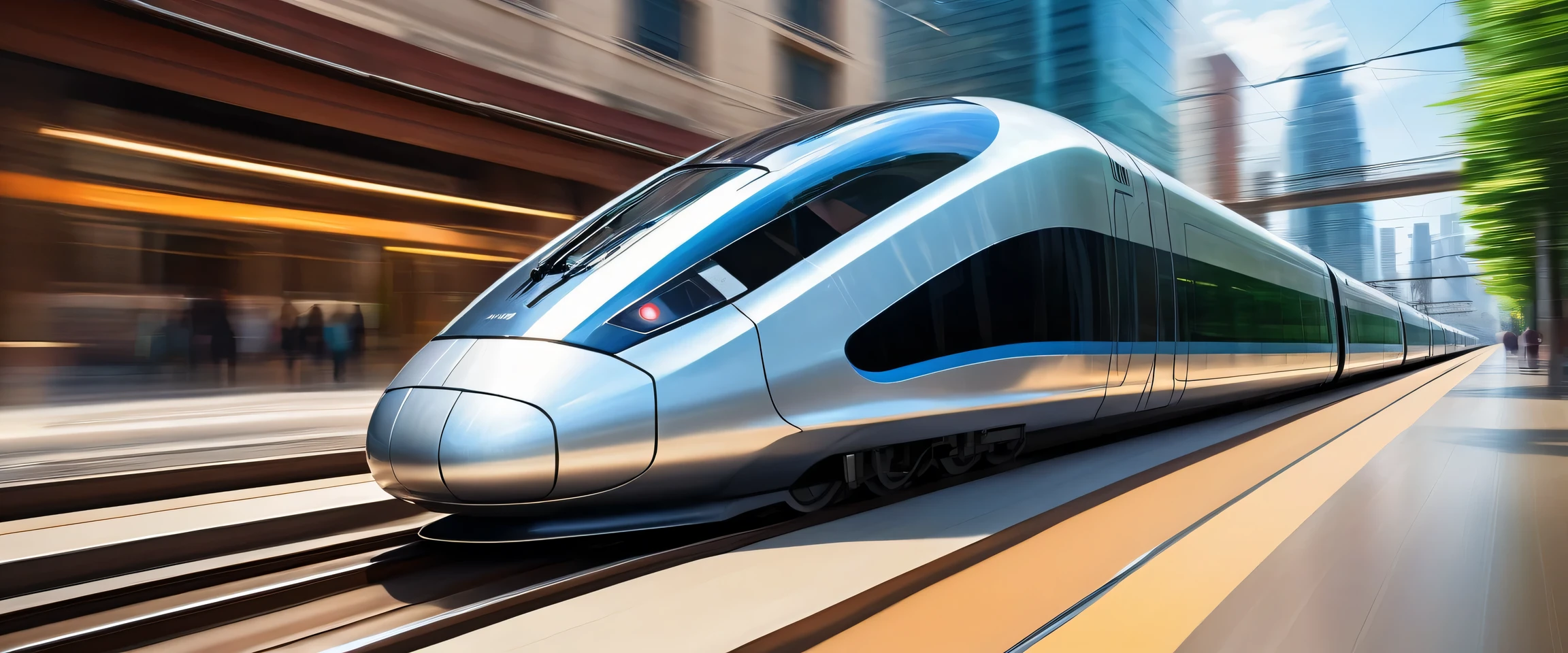 Incredibly fast moving train of the future,Background with dynamic motion blur,Smooth and shiny metal surface,Create realistic shadows and highlights,High-speed motion is conveyed through streaks of light and blurred scenery,A fast-paced atmosphere with energy and excitement,Future Cityscape,A look at future buildings with sharp edges,Dynamic camera angles capture the speed and movement of the train。