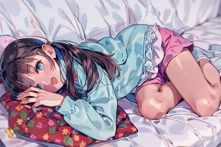 Beautiful illustrations, highest quality, ( girl:1.4)、(pretty girl:1.5)、、、Flat Chest、Light Blue Tunic、(pink chino shorts:1.4)、(Pink shorts with wide opening:1.2)、Gap between thigh and pants、Thin thighs、White socks、 Cinema Lighting, (Twin tails)、Redness on the cheeks、