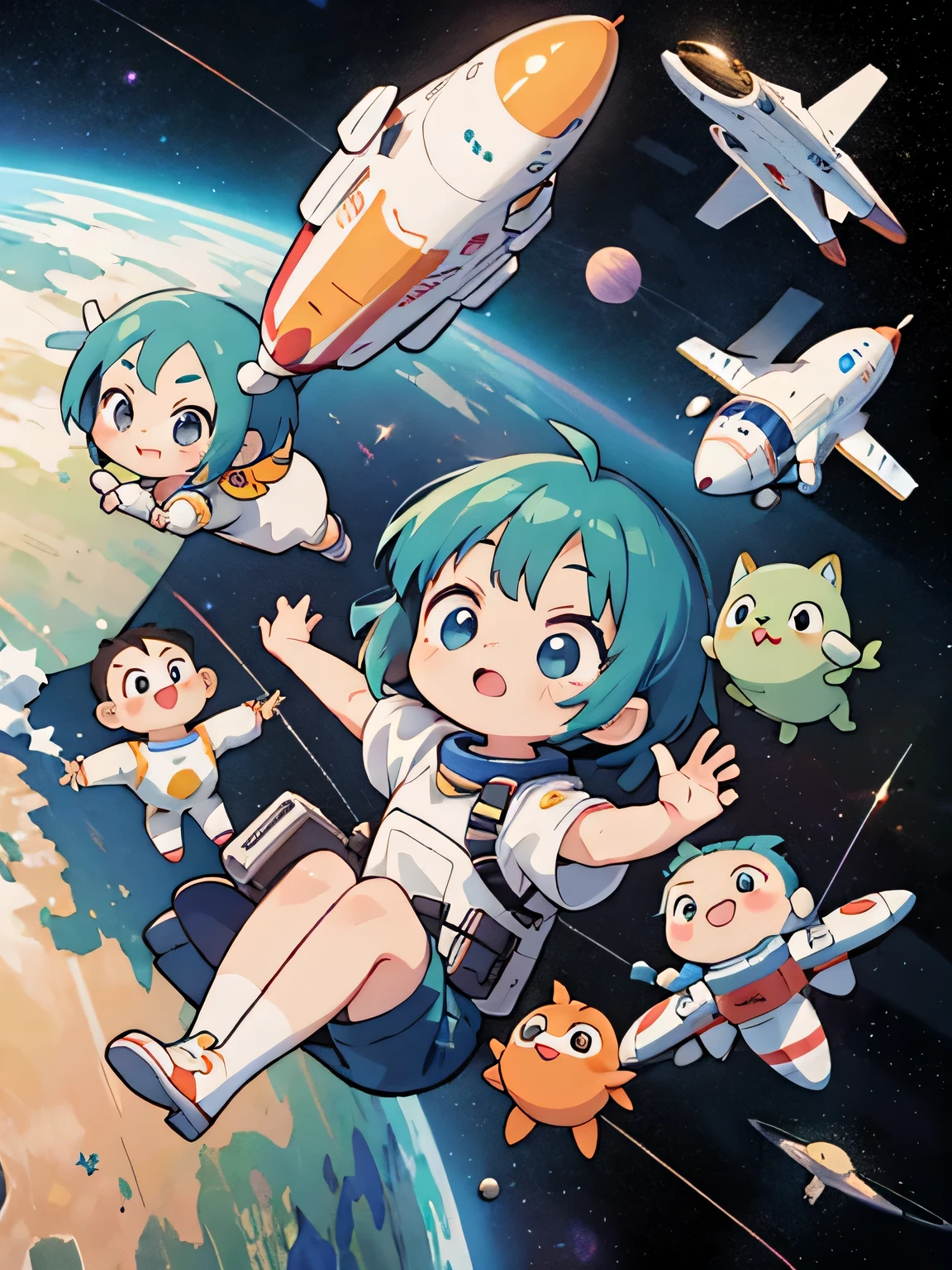 Akira Toriyama style, Kawaii Design, (((10 people)))、most beautiful girl ever、Chibi, Colorful bob hair、((Lots of friends))、Space travel together、space shuttle