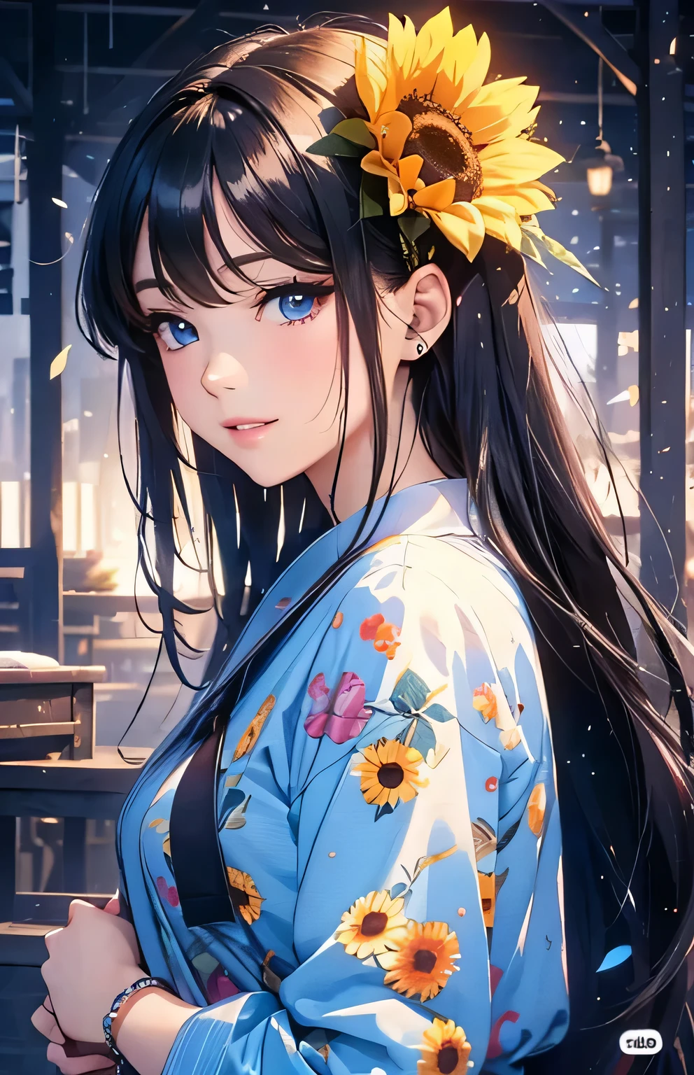 masterpiece、highest quality、High resolution、High-quality images、8k, 1 female、Skin Radiance、Texture of skin and clothing、Expression of fine eyes、Shiny black hair,Girl with long braided hair, Manga inspired by Lee Jong-suk, Trending on deviantart, realism, detailed manga style, Manga art style, Perfect Line Drawing, Beautiful line art, digital manga art girl, K-POPアイドル, yukata, Mid-chest,Beautiful light blue eyes, Lips become thicker, Gorgeous face with attention to detail, (Cute Smile), charm, Innocent, Side view, (Perfectly detailed face), (Beautiful Hands) photorealistic images, Written boundary depth, Princess Hairstyles, sunflower, hair ornaments,yukata,wonderful flower garden,Beautiful sunflower,Romanticism,