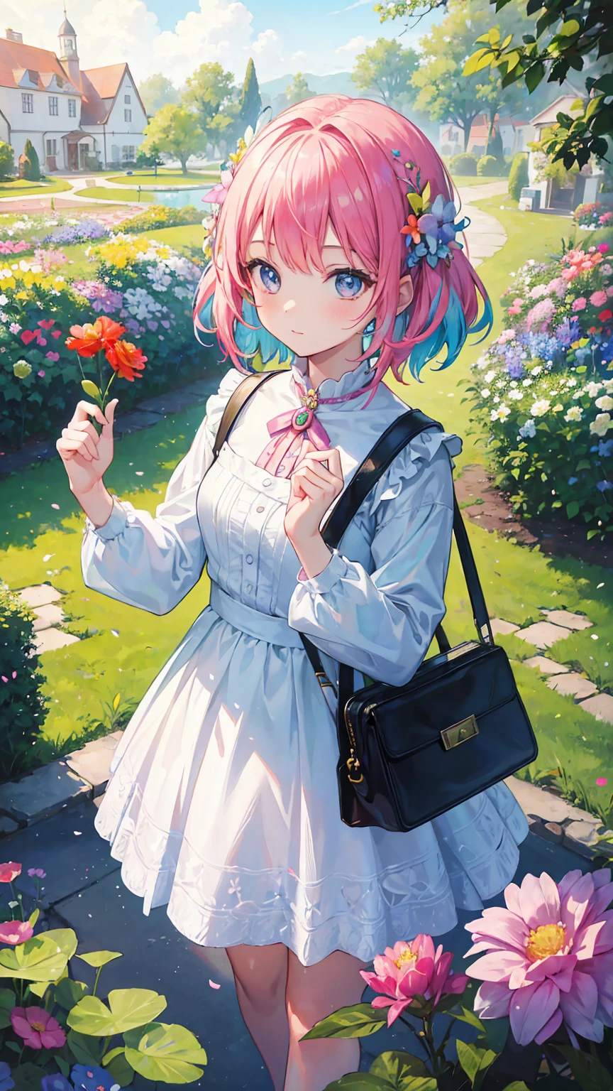 (masterpiece, best quality), (colorful:1.4), from above, solo, 1girl standing in a whimsical garden with talking flowers and a bag of fairy gifts, depth of field, fisheye lens