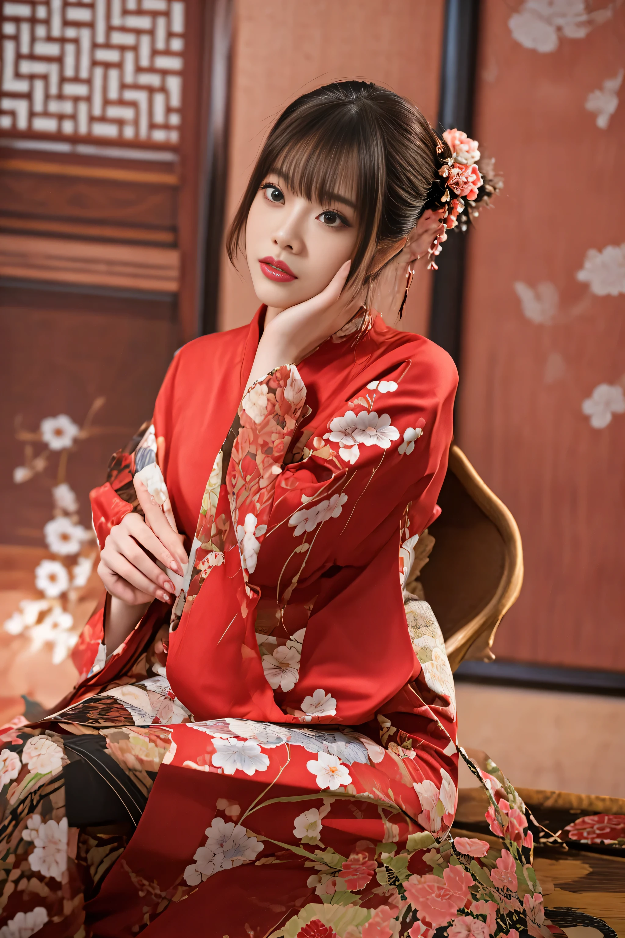 there is a woman in a red dress sitting on a chair, wearing a red cheongsam, red kimono, red kimono with flower patterns, wearing kimono, with acient chinese clothes, palace ， a girl in hanfu, japanese kimono, wearing ancient chinese clothes, chinese costume, traditional japanese, traditional chinese clothing, elegant japanese woman, wearing a kimono, in kimono