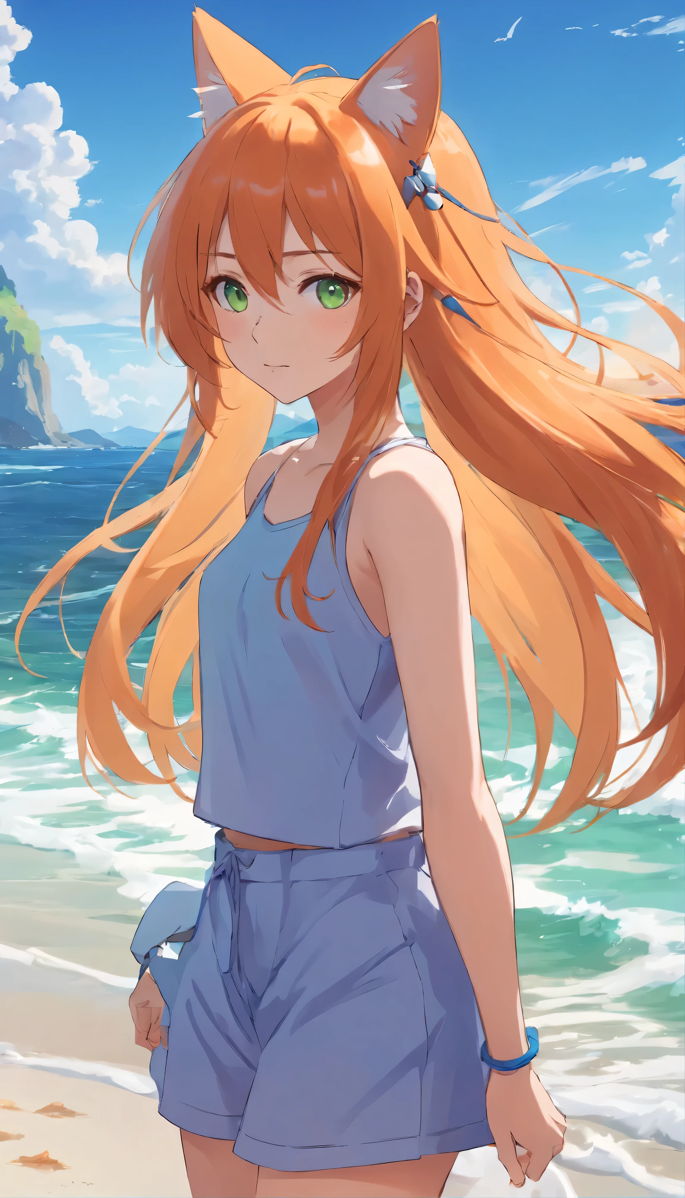 Anime girl with long orange hair, standing on the beach near the ocean, green eyes detailed digital anime art, cat ear, anime girl with long hair, гладкое аниме cg art, anime girl with long hair, digital anime art, work in Guweiz style, Beautiful anime portrait, Photorealistic render of an anime girl, Beautiful anime girl, advanced digital anime art, guweiz на artstation pixiv HD UHD HQ
