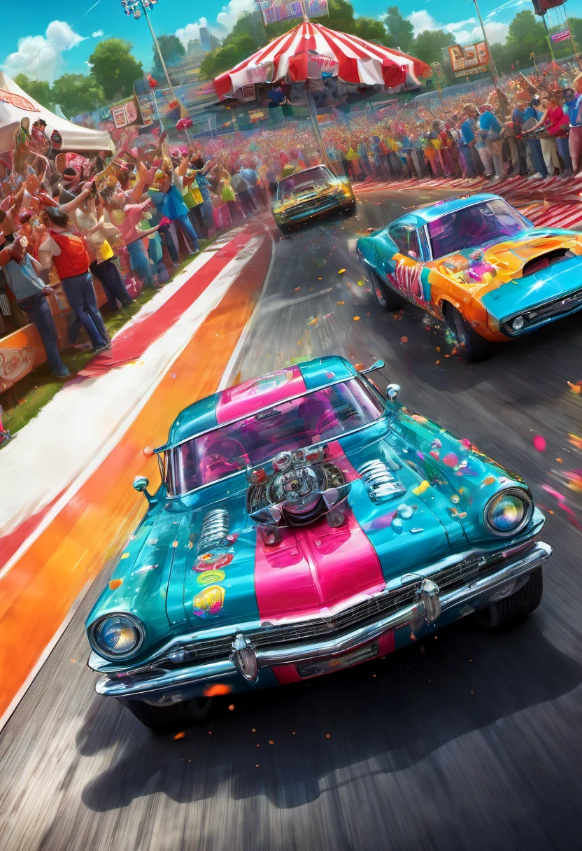 (Motion Blur:1.5), A happy granny in a vintage drag racing car speeding down the race track!. Fast and furious.  A_breathtaking masterpiece artwork by Android Jones, Alberto Seveso, Erin Hanson. maximalist highly detailed and intricate professional photography, a_masterpiece, 8k resolution concept art, Artstation, festive colors, Unreal Engine 5, cgsociety octane photograph, race track Scene!!! Candy art style! Whimsical playful colorful! candy!!! 🍬🍭 Candyland art!! “Hyperrealistic hyperdetailed highly detailed, digital illustration” postmodernism, artstation, poster art, dynamic lighting, cel-shaded, ray tracing reflections